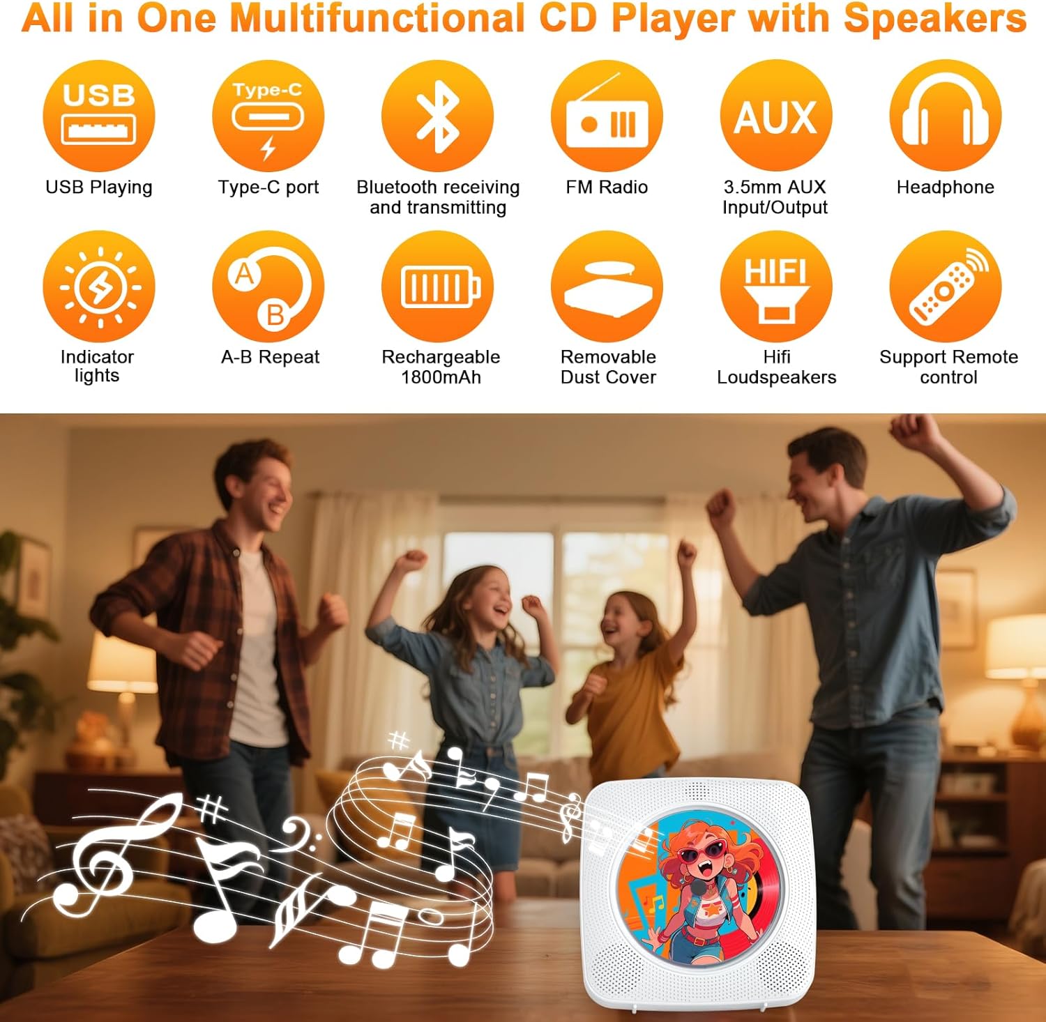 Gueray Lettore CD Portatile Hifi Bluetooth, Bianco - immagine 2