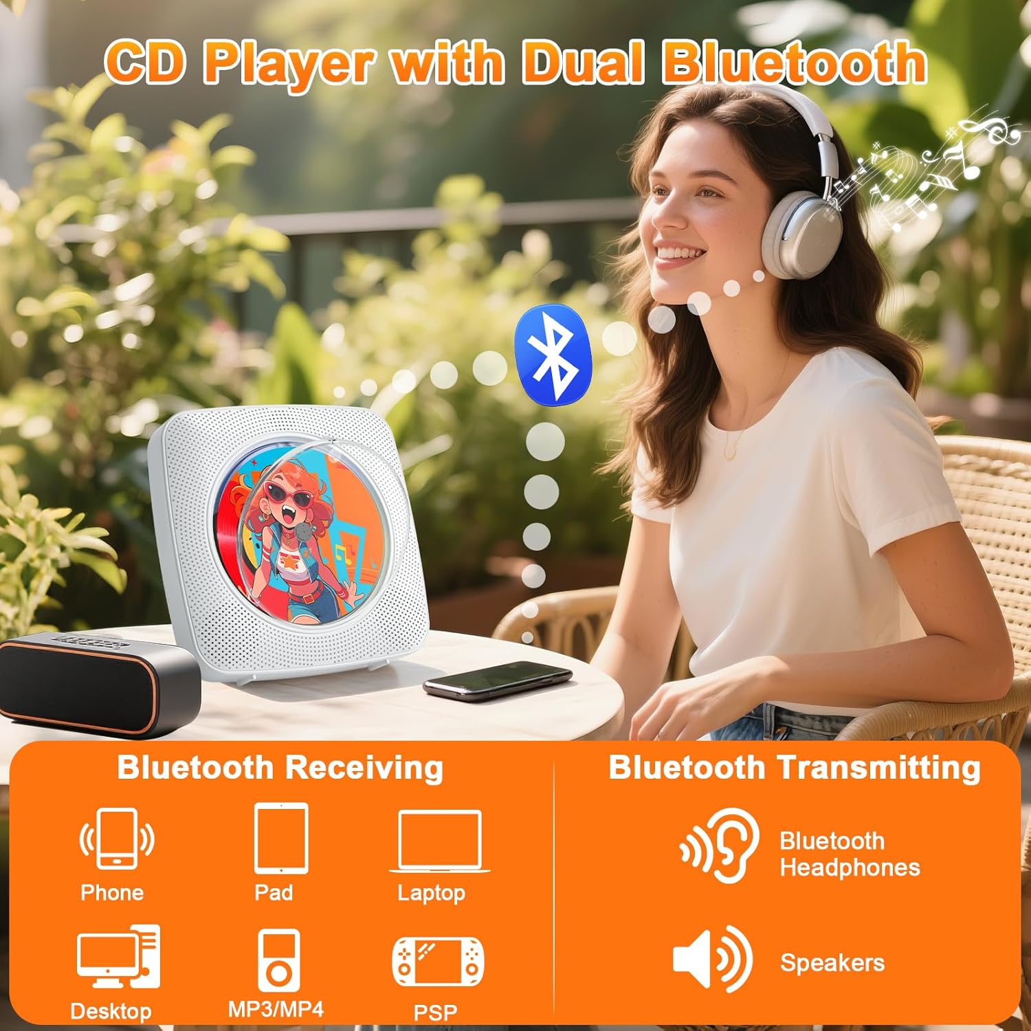 Gueray Lettore CD Portatile Hifi Bluetooth, Bianco - immagine 3