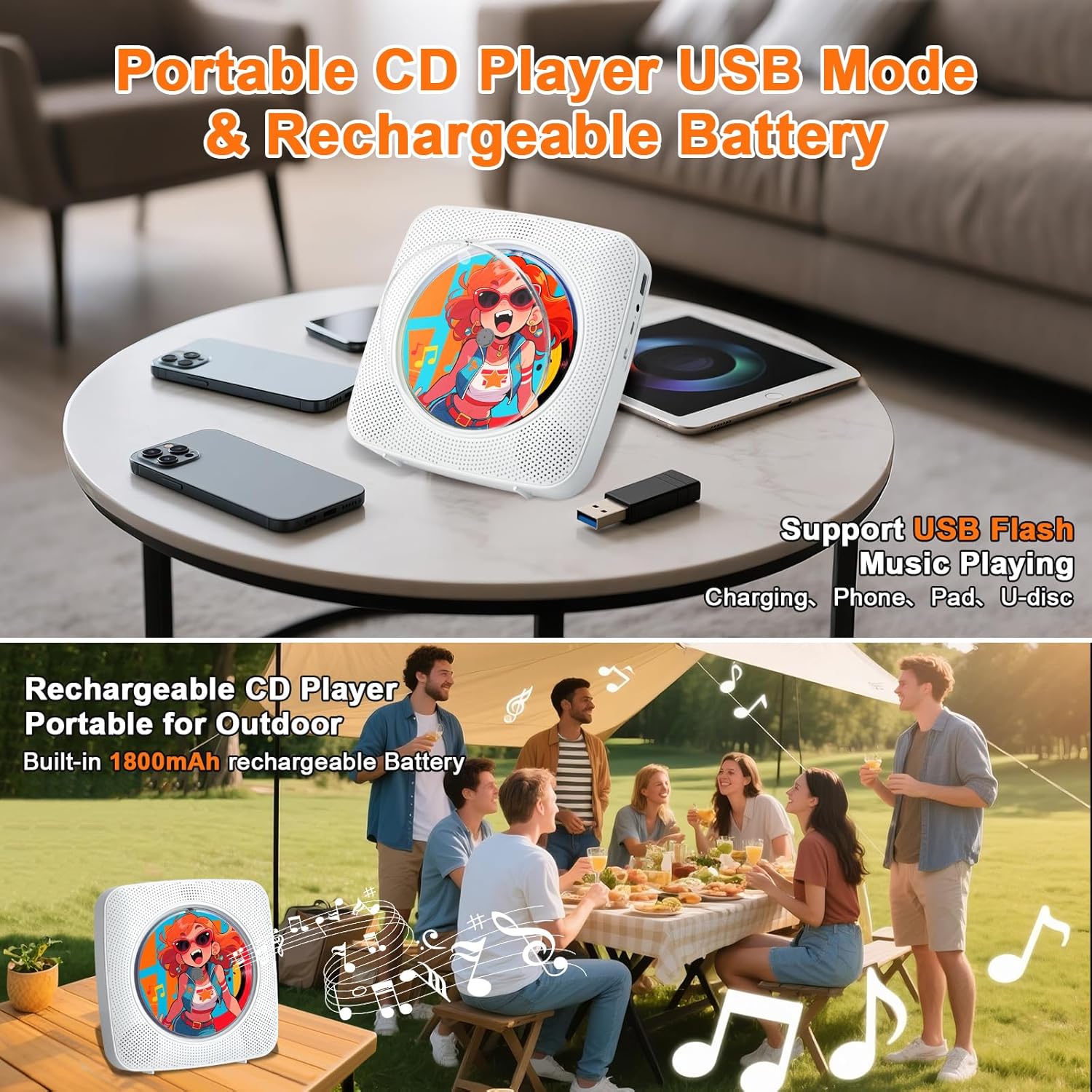 Gueray Lettore CD Portatile Hifi Bluetooth, Bianco - immagine 5