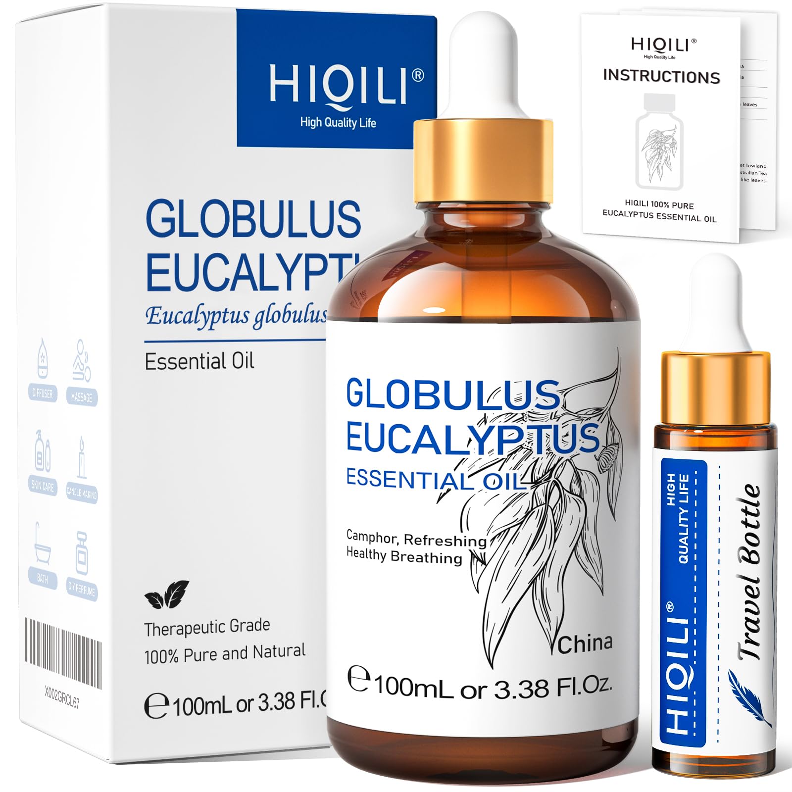 Hiqili Olio Essenziale Eucalipto 100ml, 100% Naturale