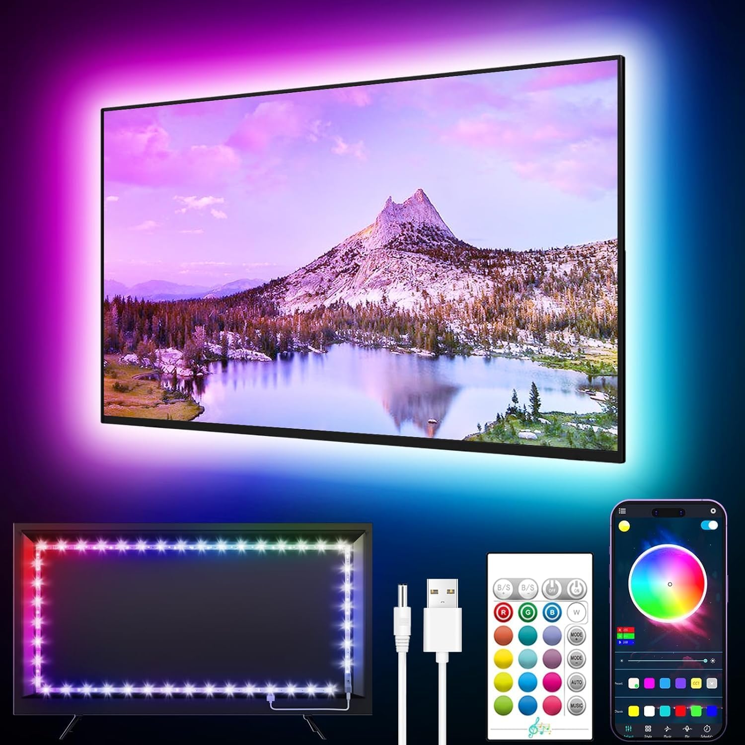 Gipoyent TV LED Lights 13.1Ft - RGB, Bluetooth - immagine 1