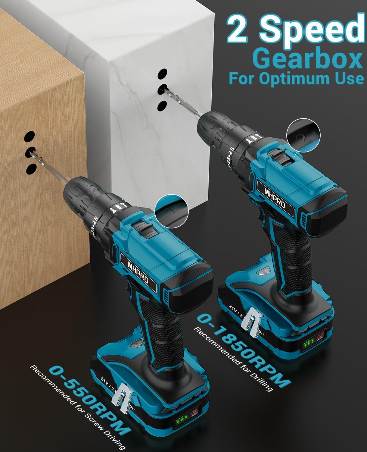 Mhpro Trapano Avvitatore a Batteria 21V con 2 Batterie 2.0Ah - immagine 5
