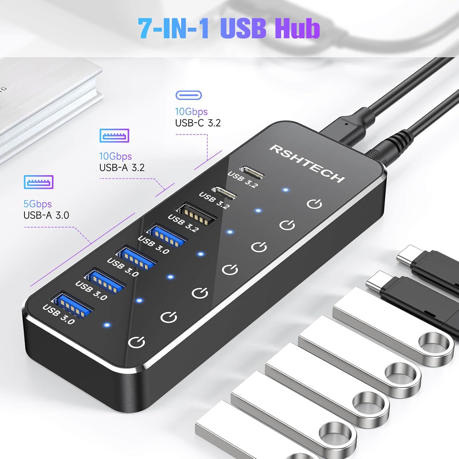 Rshtech Hub USB 3.2 Alimentato a 7 porte 10Gbps - immagine 2
