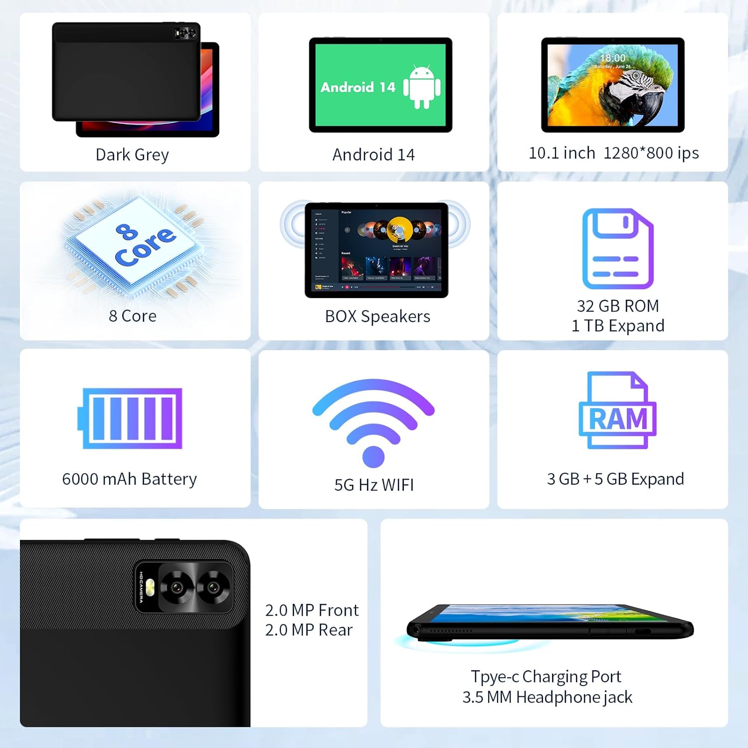 Vasoun Tablet 10 pollici Android 14 Octa-Core, Nero - immagine 2