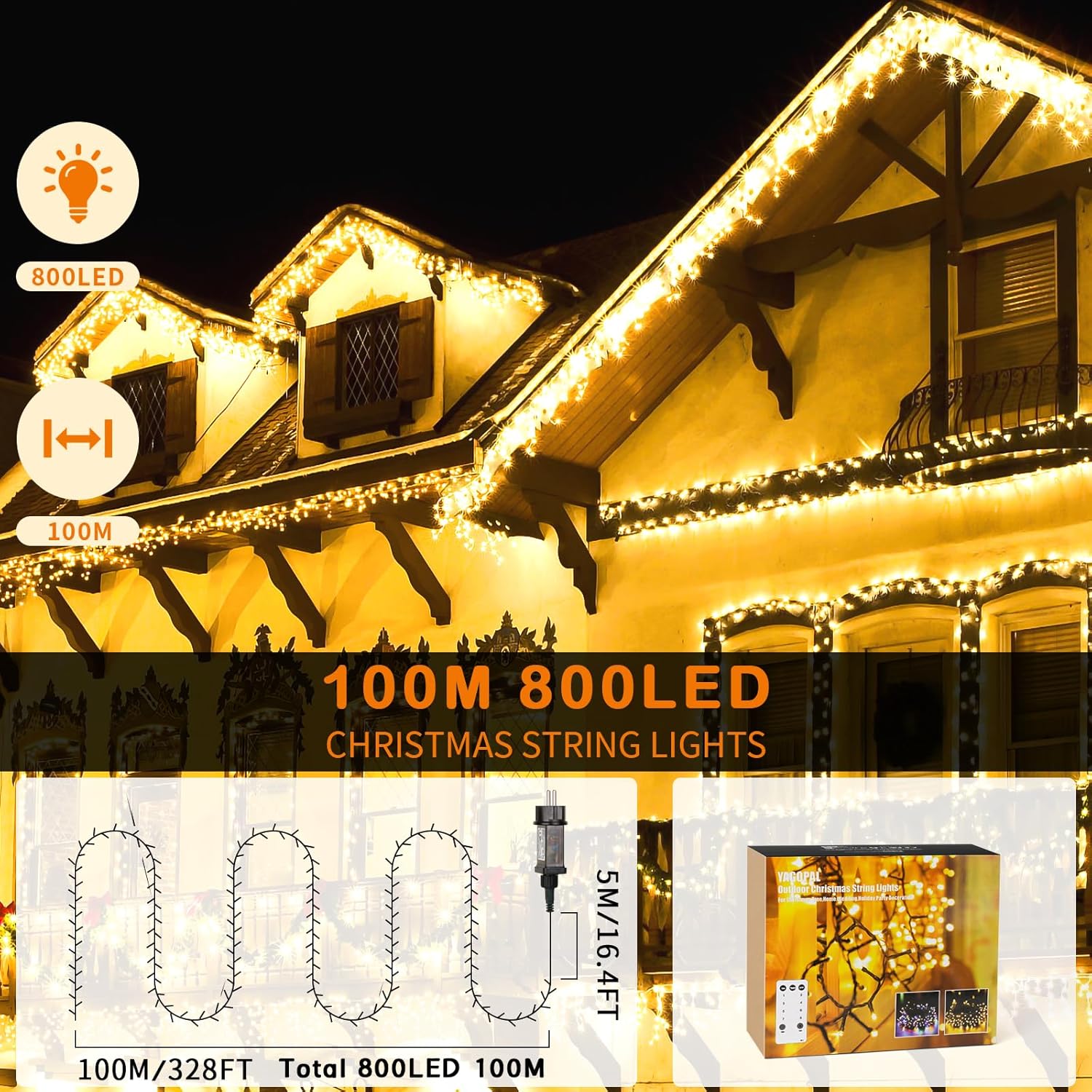 Yagopal Luci Natale Esterno 100M 800LED Impermeabile - immagine 5