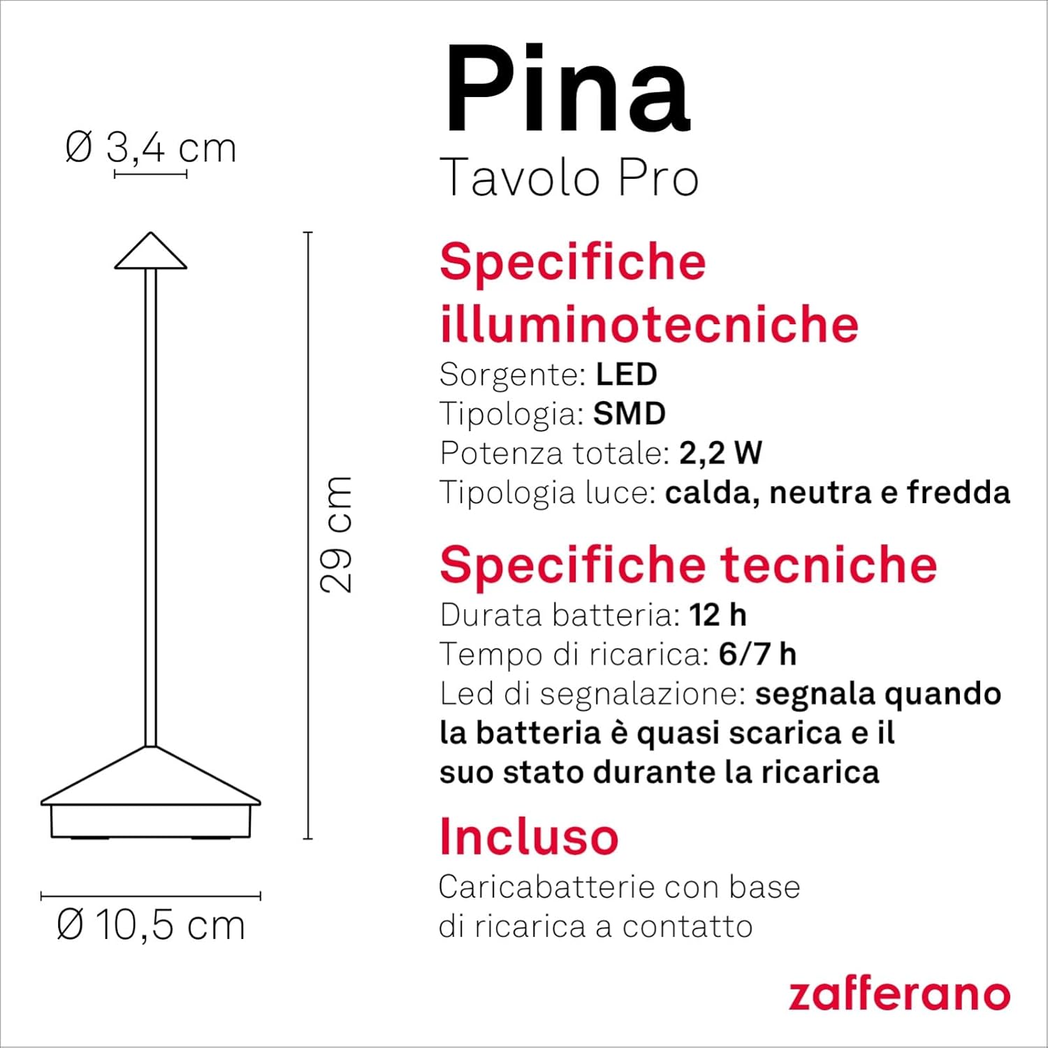Zafferano Lampada Pina da Tavolo Ricaricabile, Bianco Opaco - immagine 5