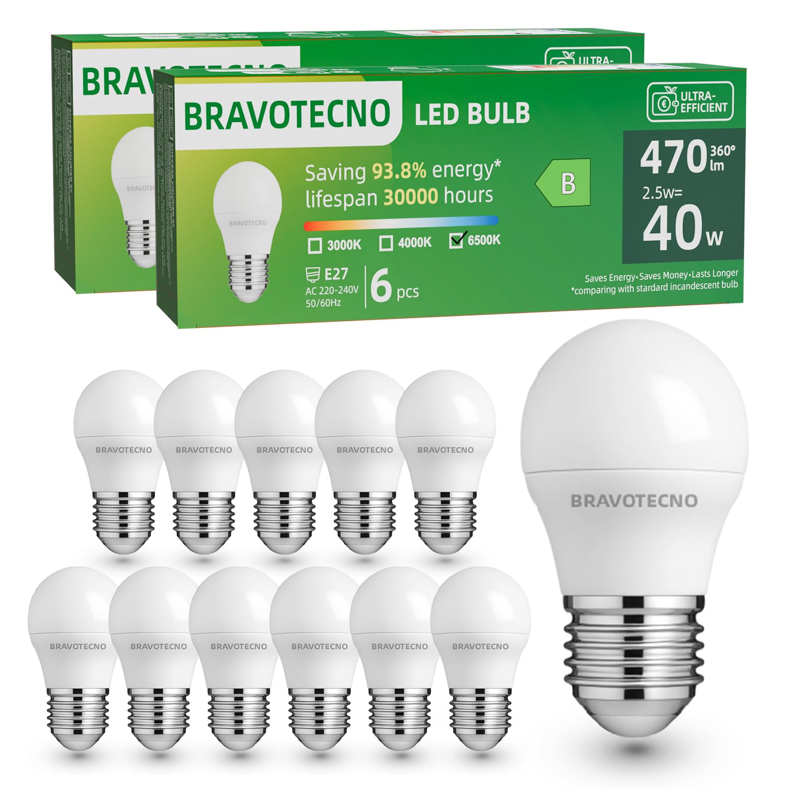 Lampadine LED E27, Classe Energetica B, E27 LED Luce Fredda 6500K, 2,5W 470LM G45, Equivalente a 40W, Angolo di Illuminazione 360°, Non Dimmerabile, Basso Calore & Lunga Durata, 12 Pezzi