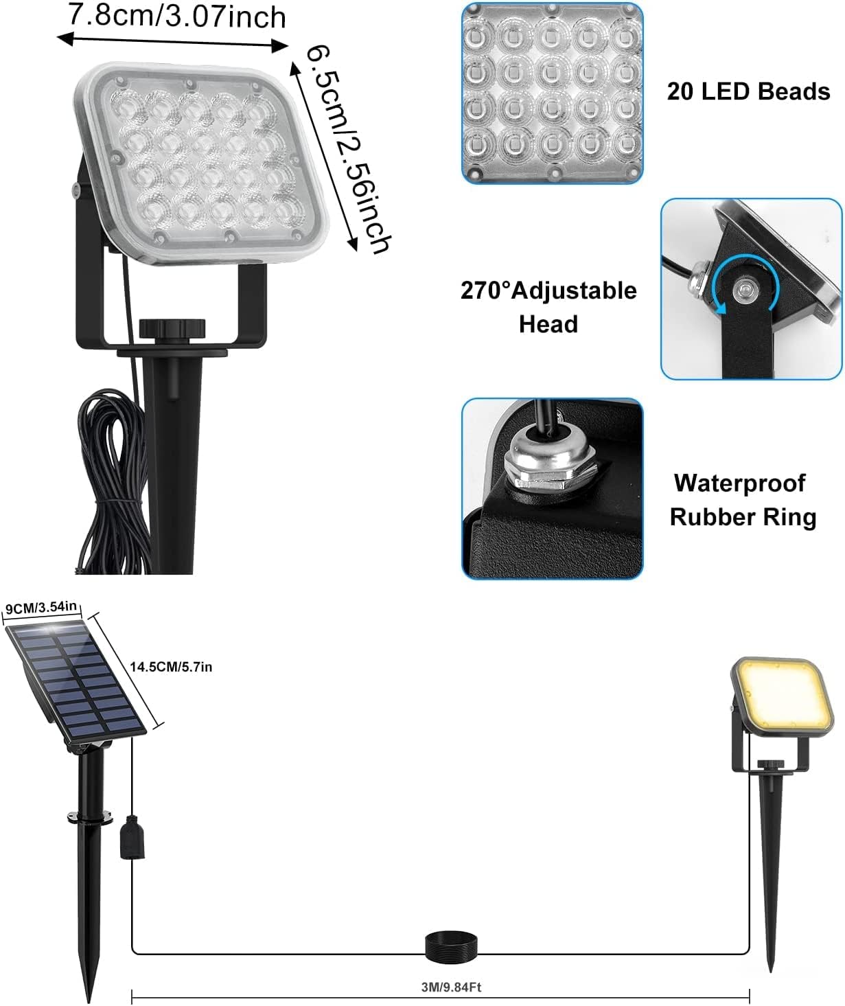 Faretti Solari a LED da Esterno 3000K, 2 Pezzi - immagine 2