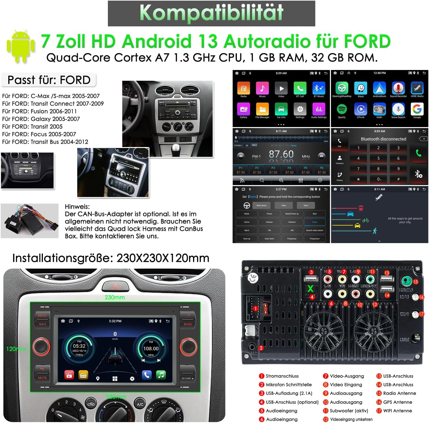 Autoradio Android Carplay 2 DIN 7'' per Ford Focus/C-max - immagine 2