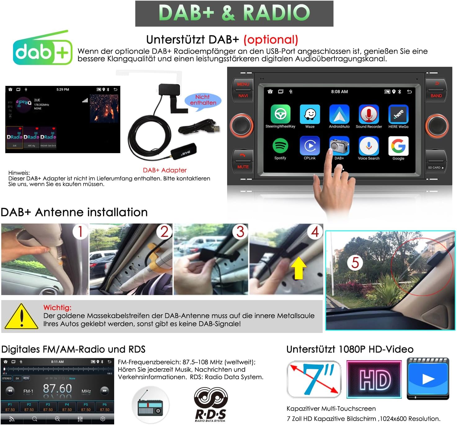 Autoradio Android Carplay 2 DIN 7'' per Ford Focus/C-max - immagine 5