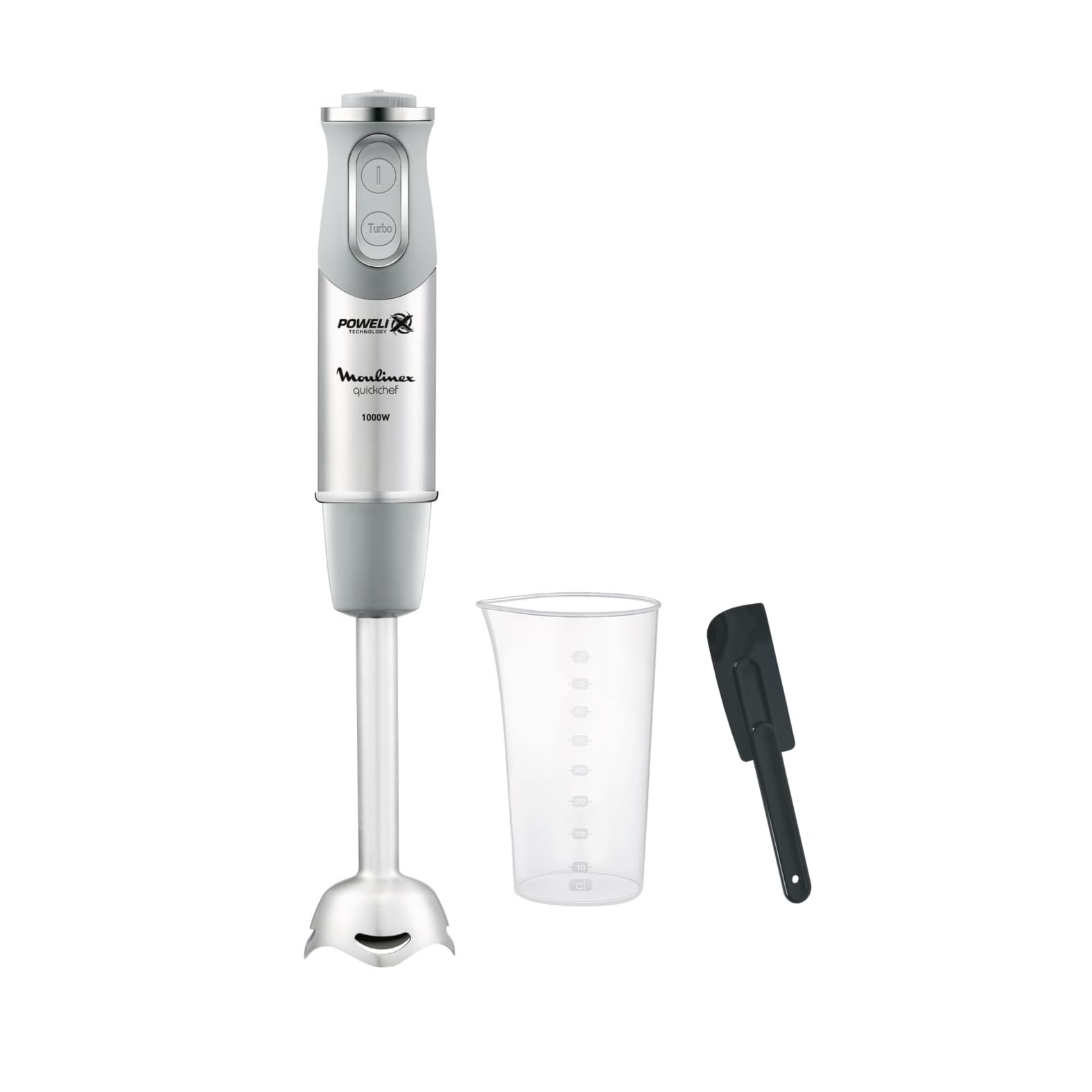 Moulinex Quickchef, Frullatore a mano + spatola, piedino metallico, 1000 W, 10 velocità, bicchiere dosatore 800 ml, lame Powelix, grigio DD65ADES
