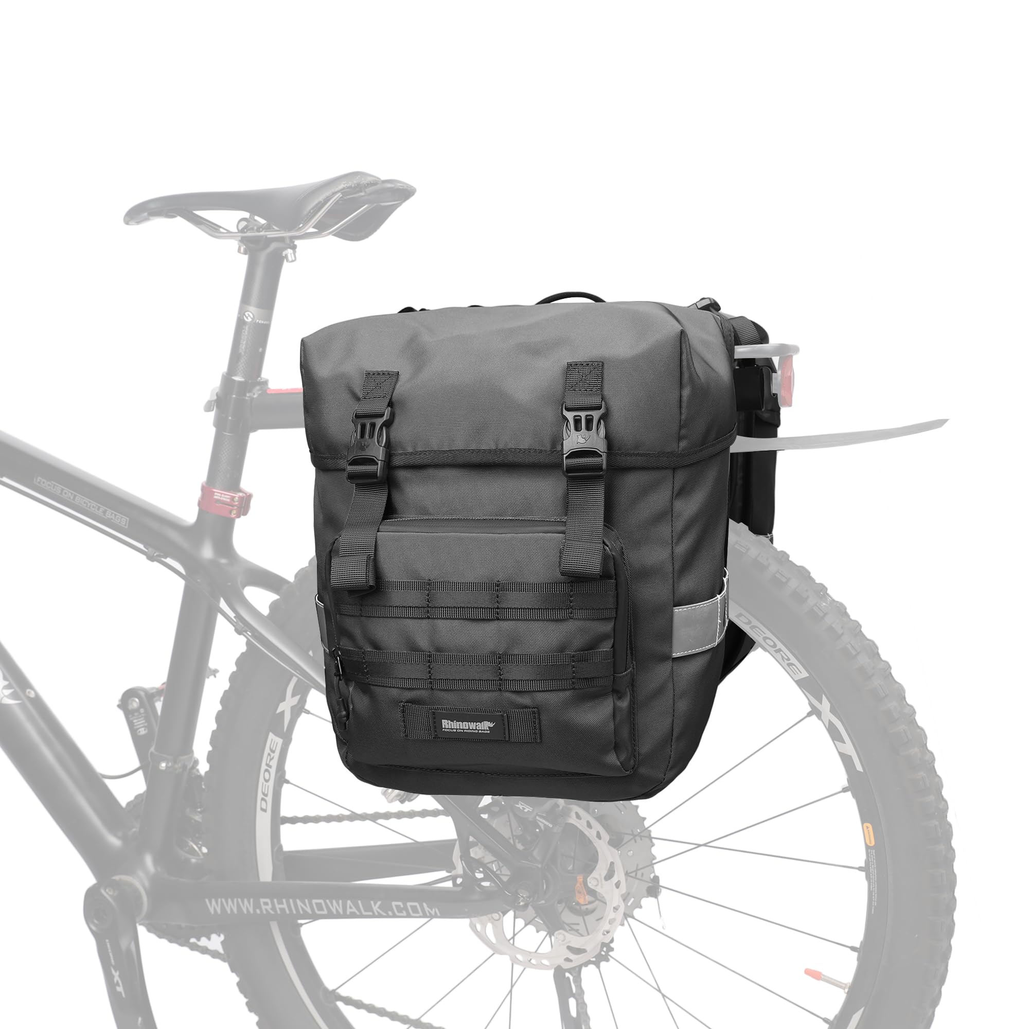 Rhinowalk Borsa da bicicletta da 40 l, doppia borsa da sella, per portapacchi posteriore, con maniglia per il trasporto con finiture riflettenti, accessori professionali per ciclismo, colore nero