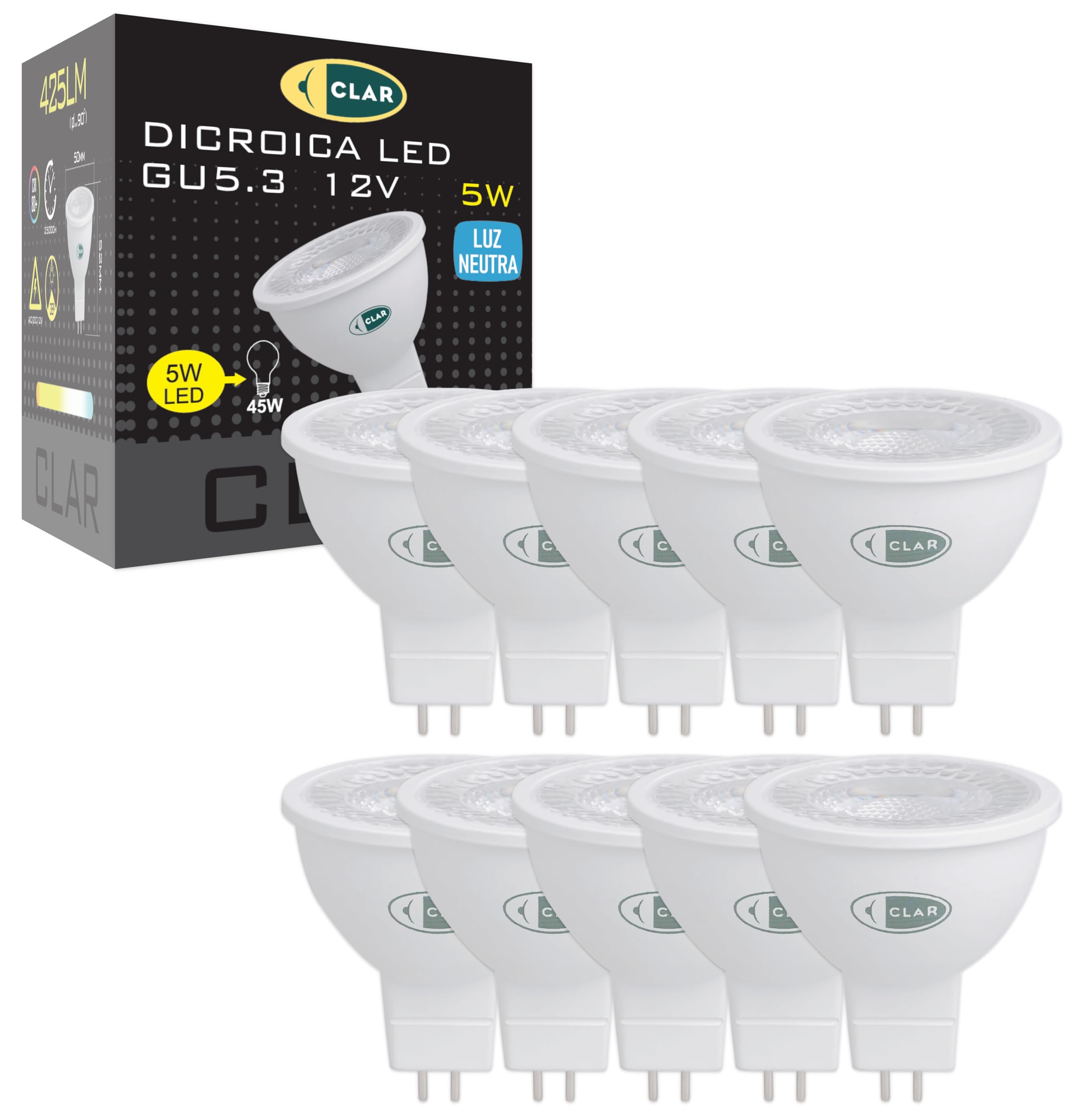 Clar - Faretto LED Gu5.3 MR16 12V 5W, Pack 10 | Velz