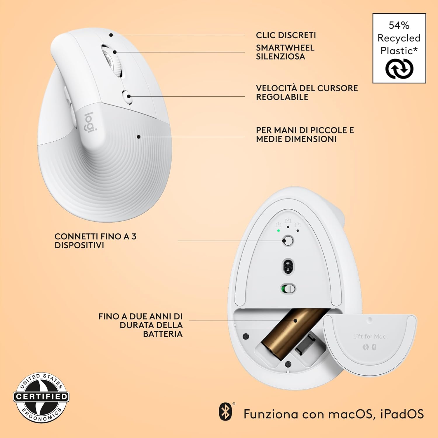 Logitech Lift for Mac - Mouse Ergonomico Wireless, OffWhite - immagine 7