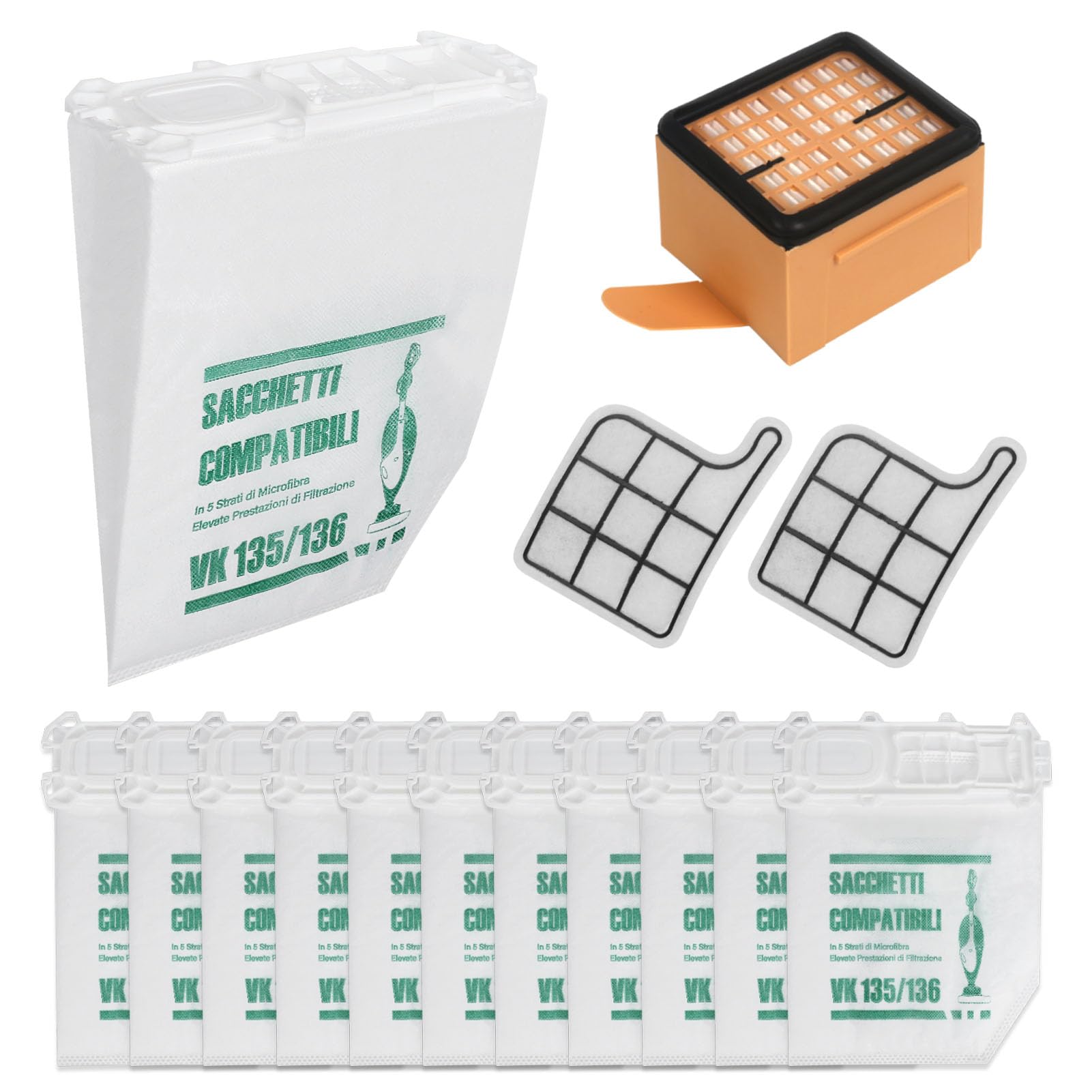 12 Sacchetti per Folletto VK135 VK136 con Filtri Griglia Motore + 2 Filtri HEPA Kit di Ricambi Sostituzione per Vorwerk