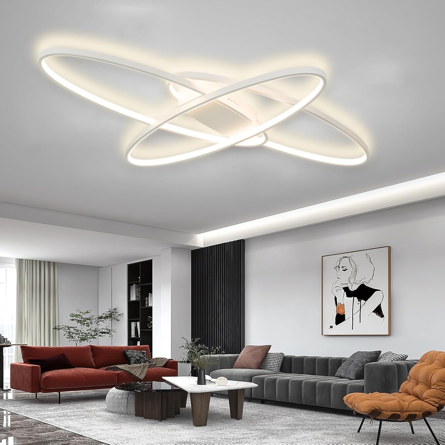 Mqw Lampadario a LED Ovale 95cm, Bianco e Nero - immagine 1