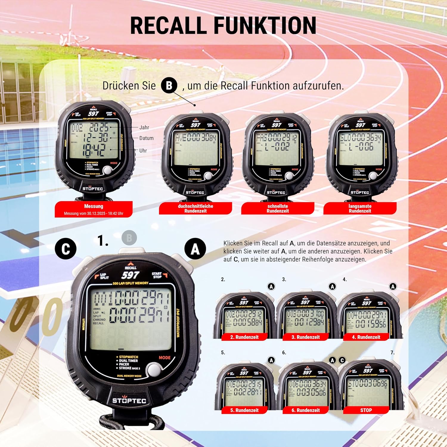 Stoptec - Cronometro 597 con Display 3 Righe - immagine 4