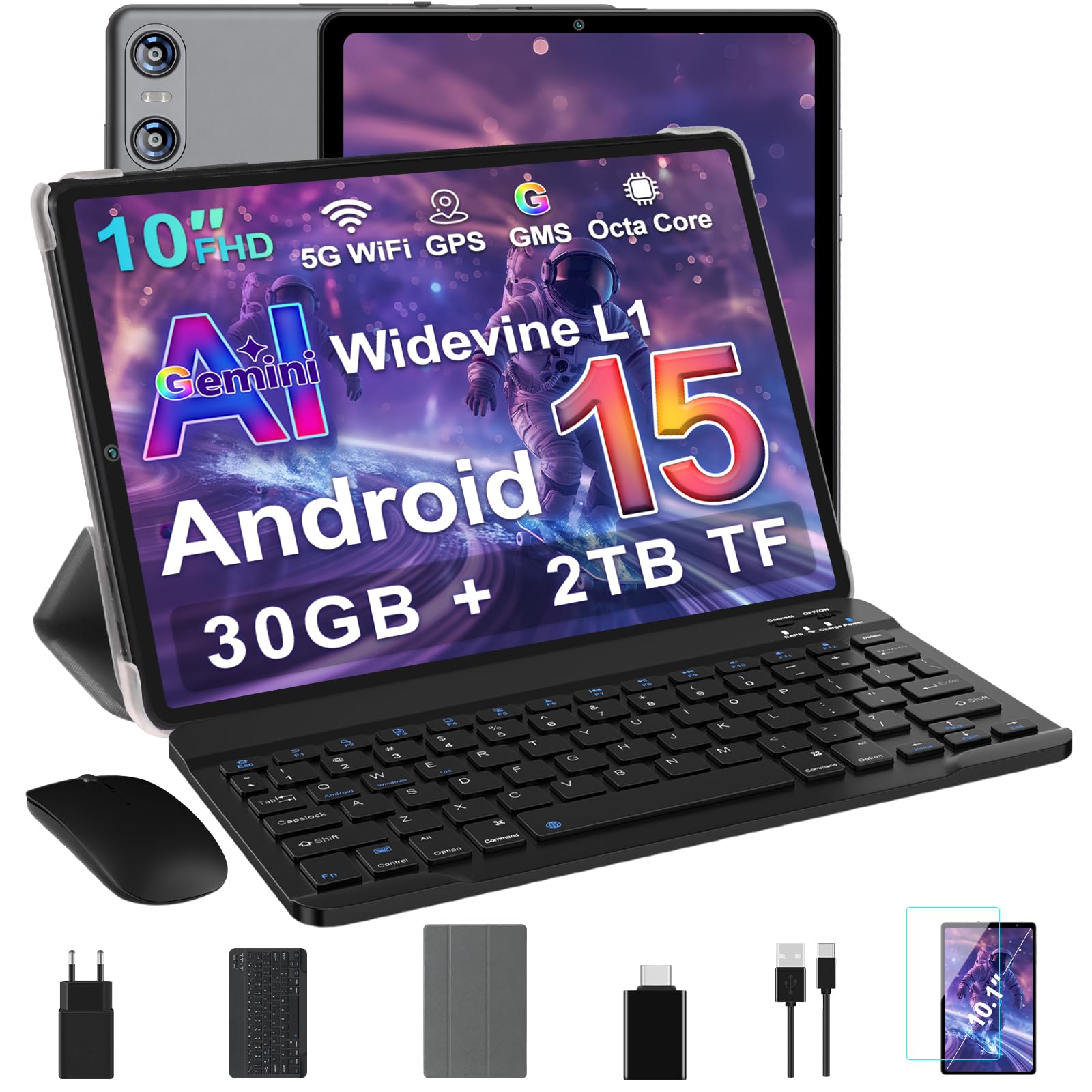 Tablet 10 Pollici Android 15 con Gemini AI, Grigio Chiaro