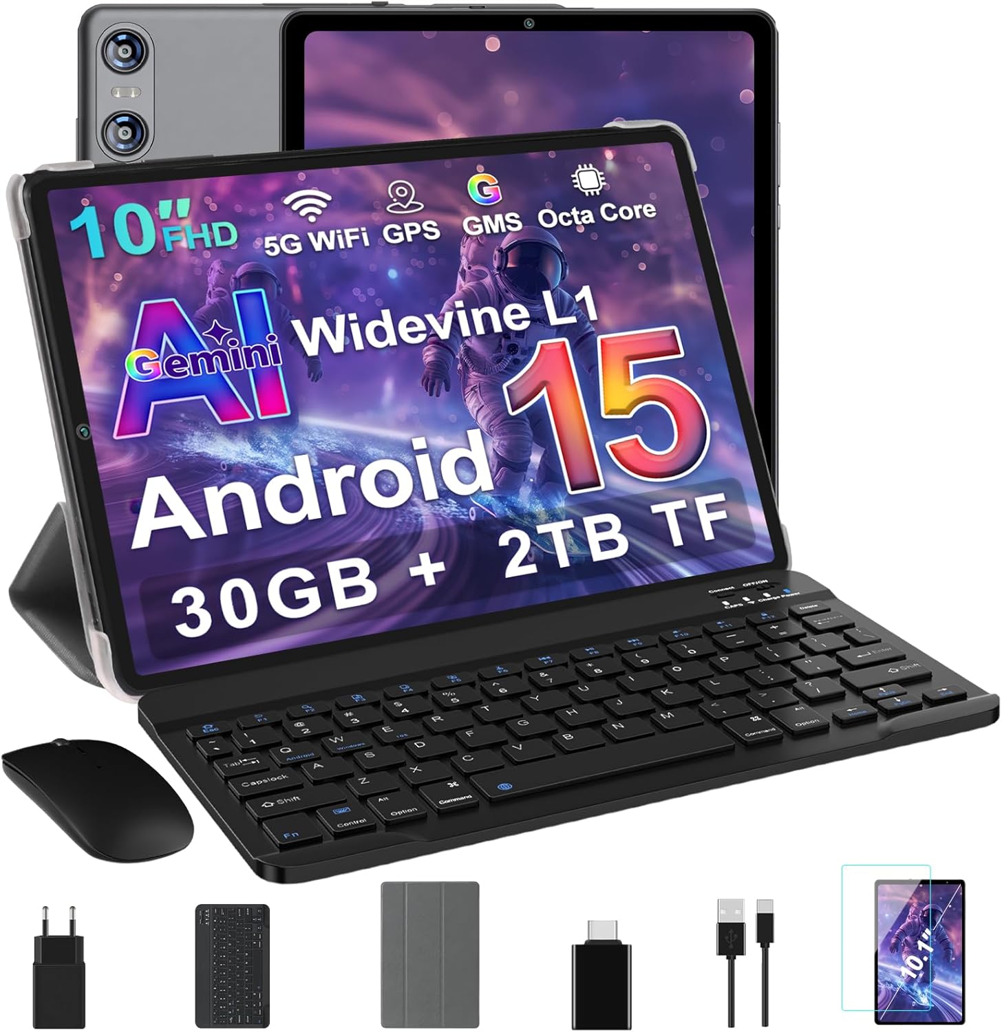 Tablet 10 Pollici Android 15 con Gemini AI, Grigio Chiaro - immagine 1