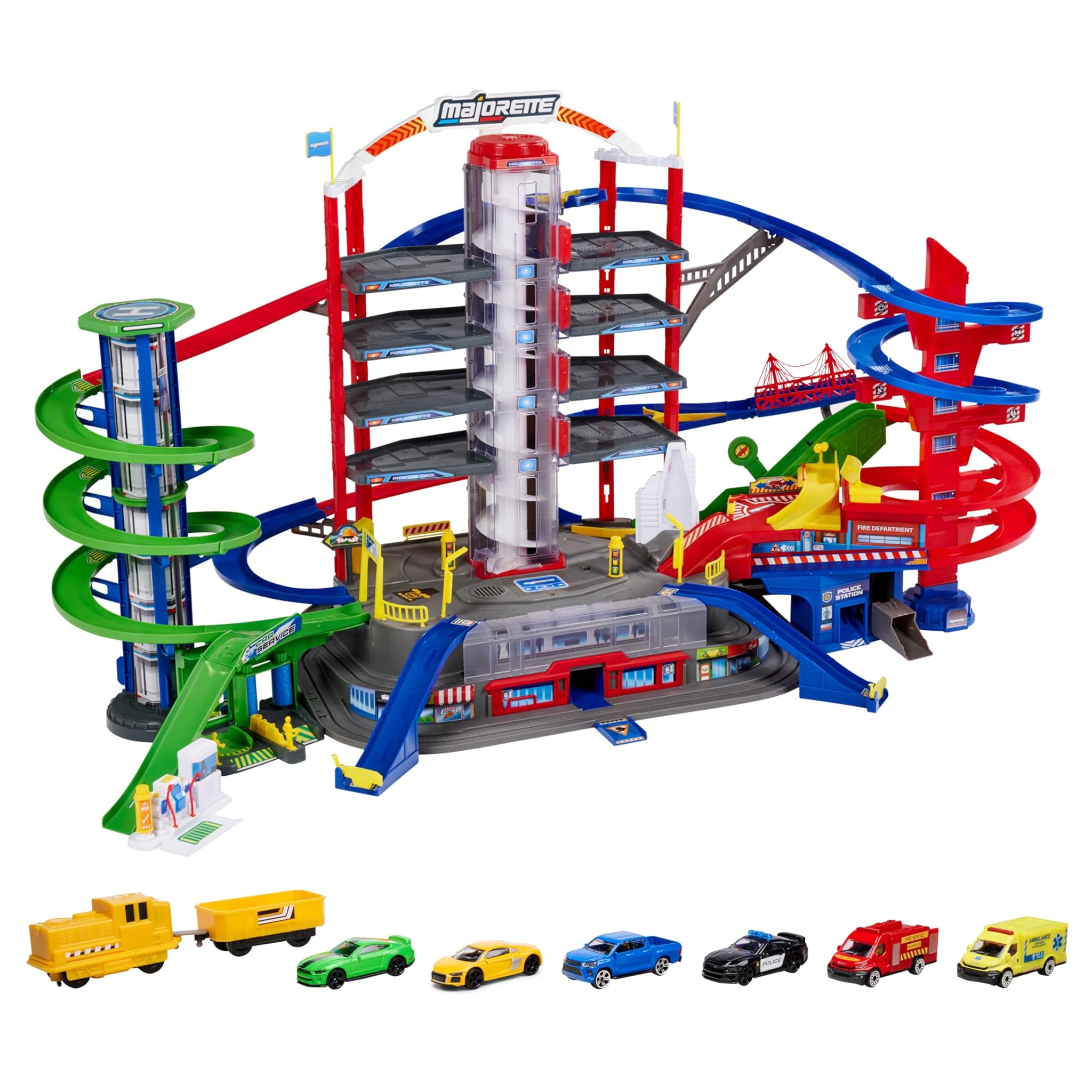Majorette Super City Garage - 7 Livelli, 6 Veicoli, 1 Treno