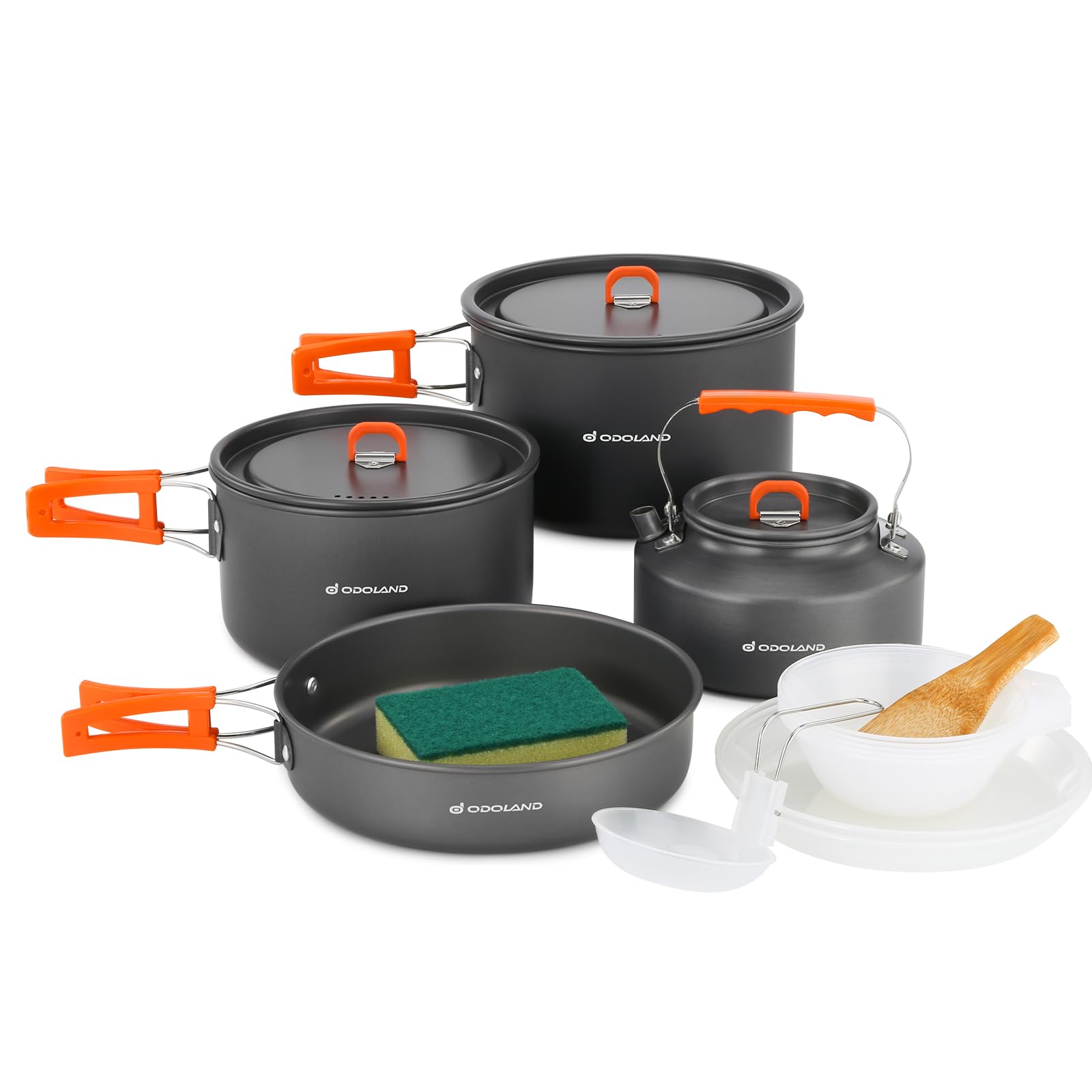 Odoland Set di Pentole da Campeggio 15 Pezzi per 1-5 Persone, Kit di Cucina per Campeggio con 2 Pentole,1 Padella e 1 Bollitore, per Campeggio Trekking Escursioni Cucina Outdoor e Picnic