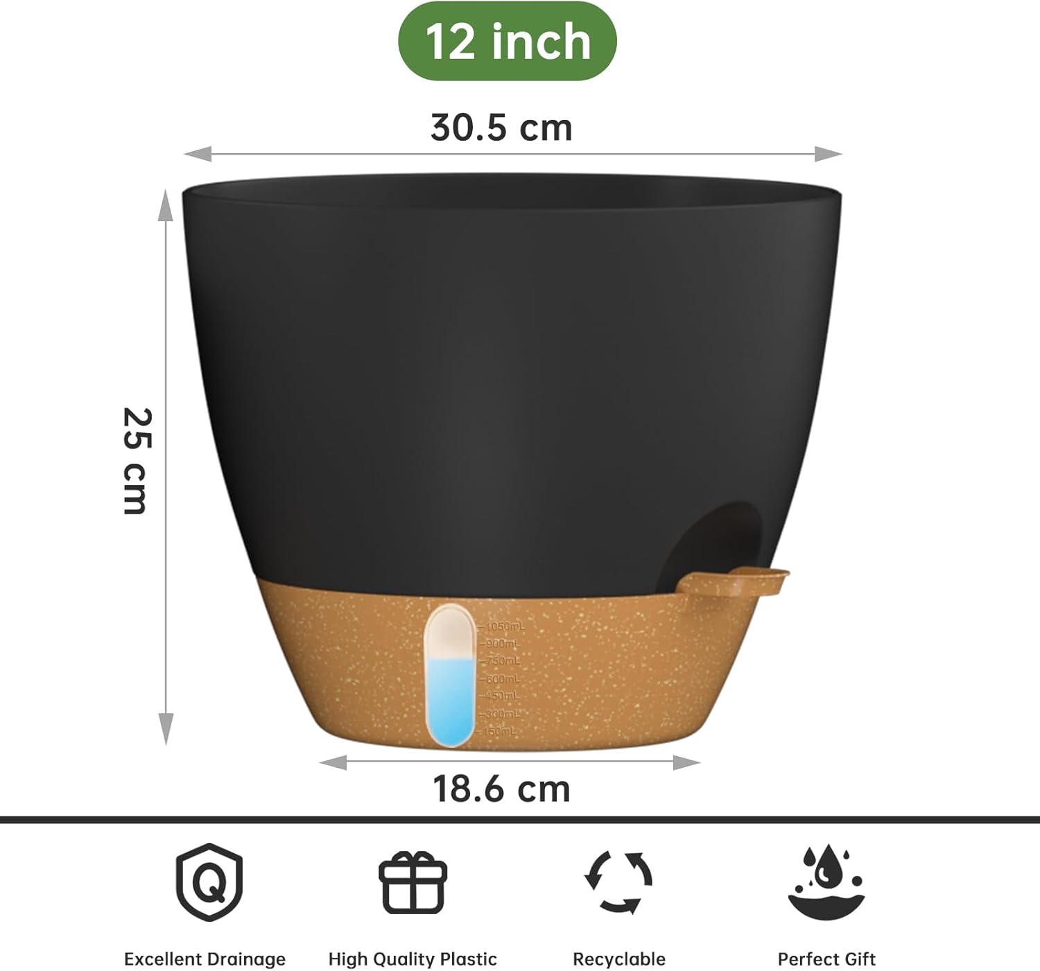 ZMTECH Vaso per Piante 30cm Autoinnaffiante, Nero - immagine 2