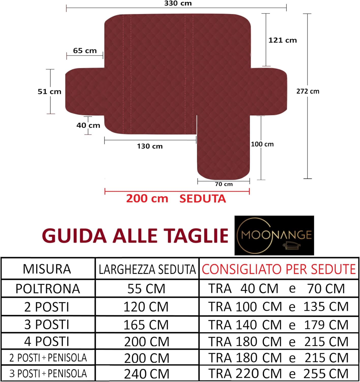 Moonange Copridivano 2 Posti con Penisola 200cm, Bordeaux - immagine 5