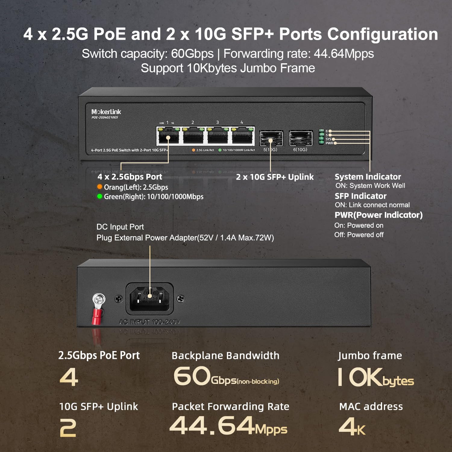 Mokerlink Switch PoE 4 Porte 2.5G con Slot 10G SFP+ - immagine 4