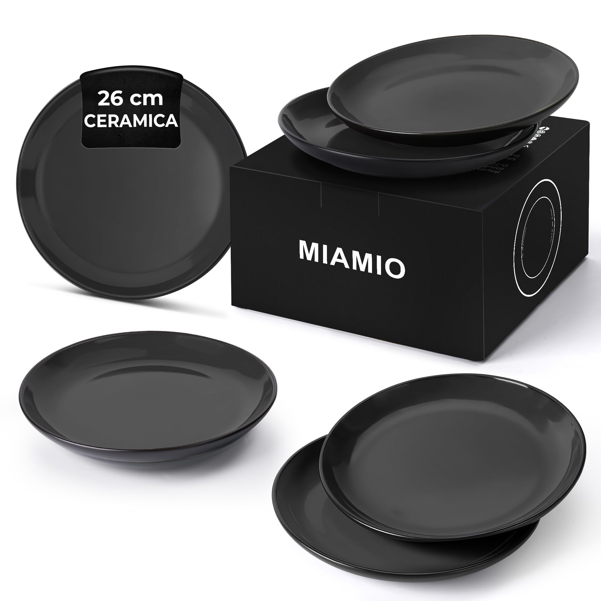 Miamio Set di Piatti in Ceramica Stoneware, Nero 26cm