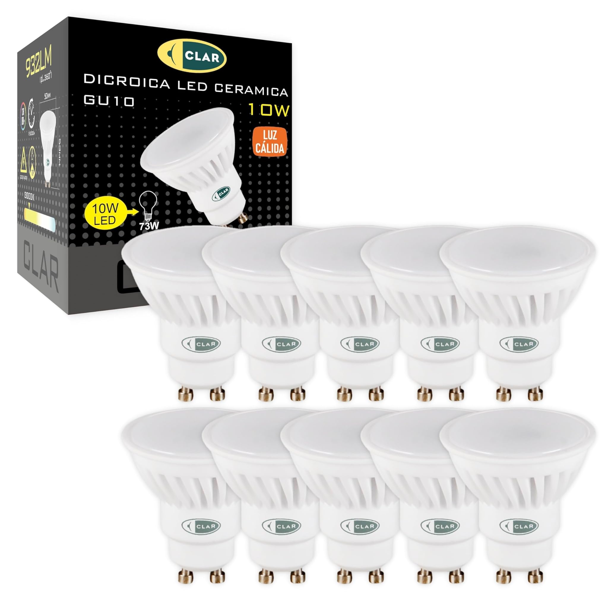 Clar - Lampadine LED GU10 10W Luce Calda (Pack 10)