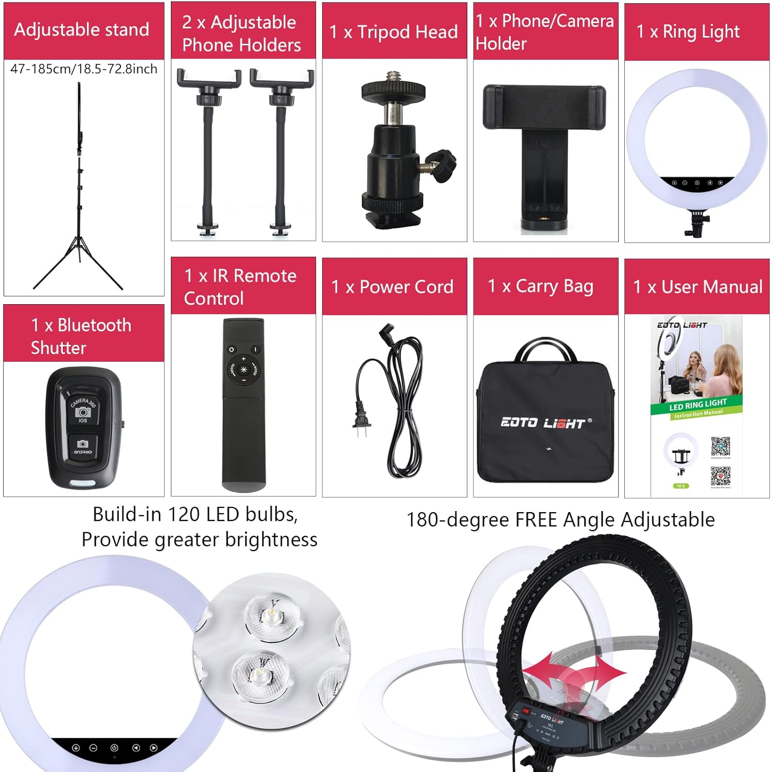 Eoto Light Luce Anello LED 18" con Treppiede - immagine 5