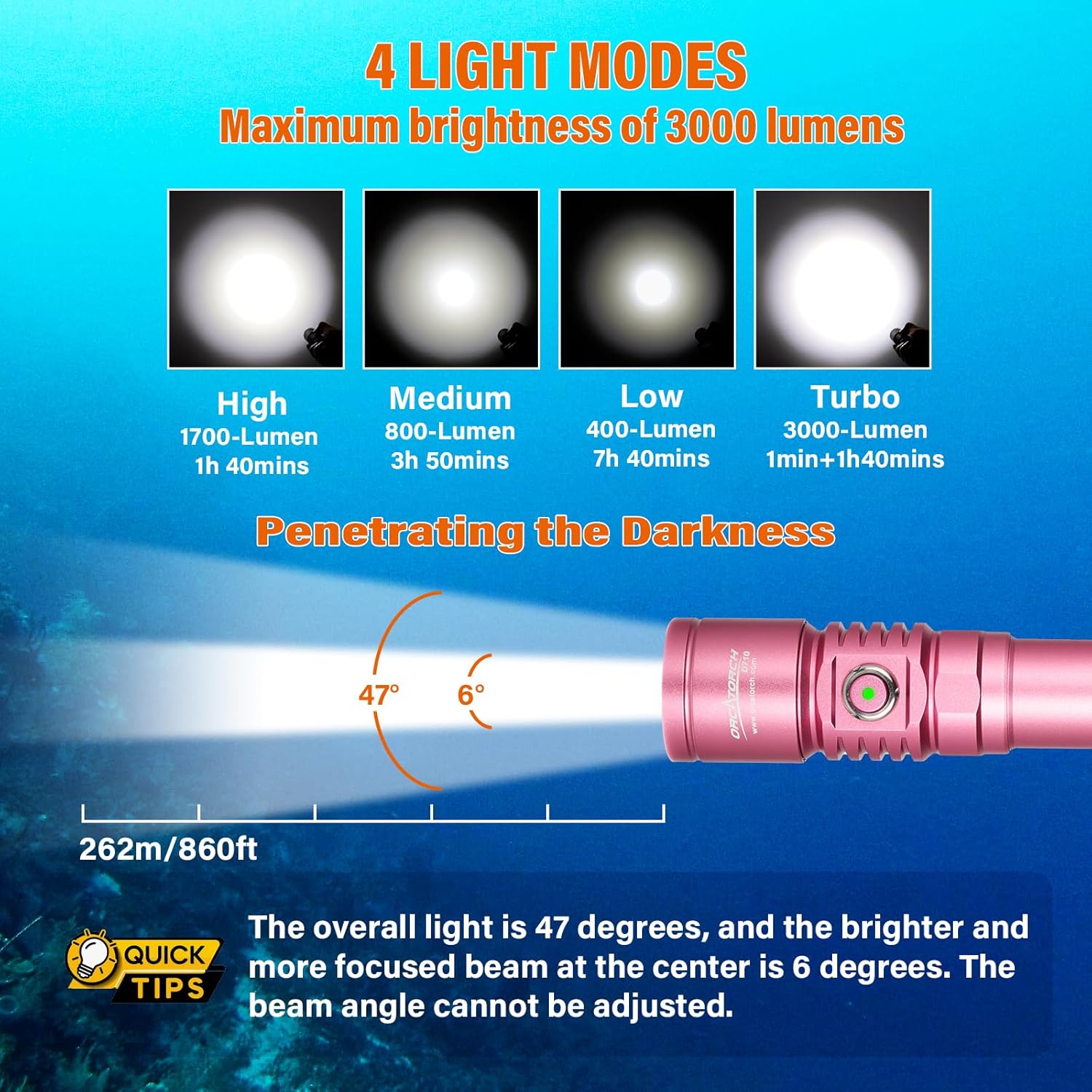 ORCATORCH D710 - Lampada subacquea 3000 lumen, Rosa - immagine 2