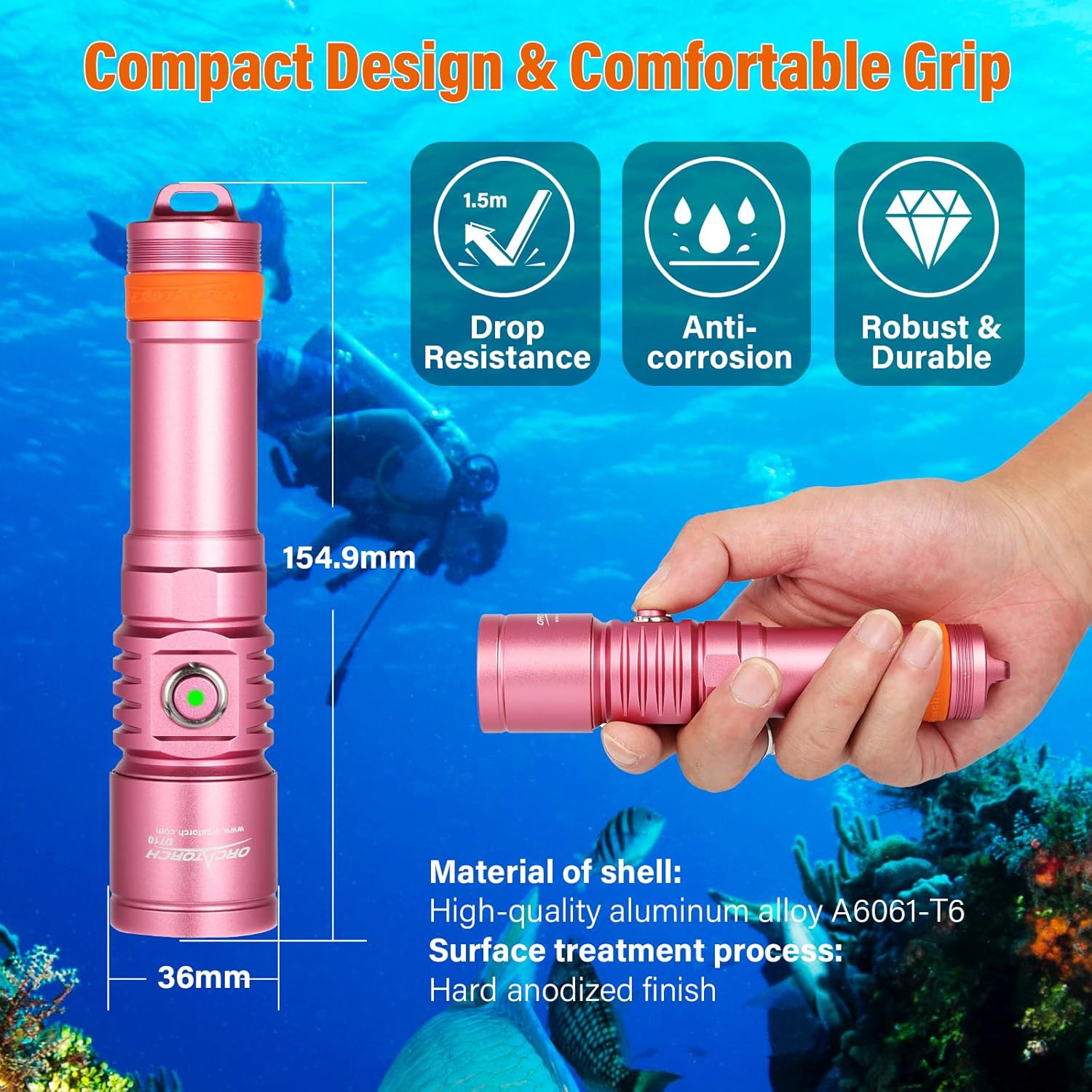 ORCATORCH D710 - Lampada subacquea 3000 lumen, Rosa - immagine 5