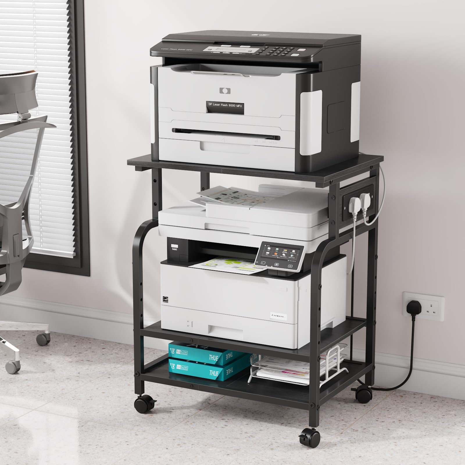 Tavolo Stampante 3 Livelli con Presa e USB, Nero