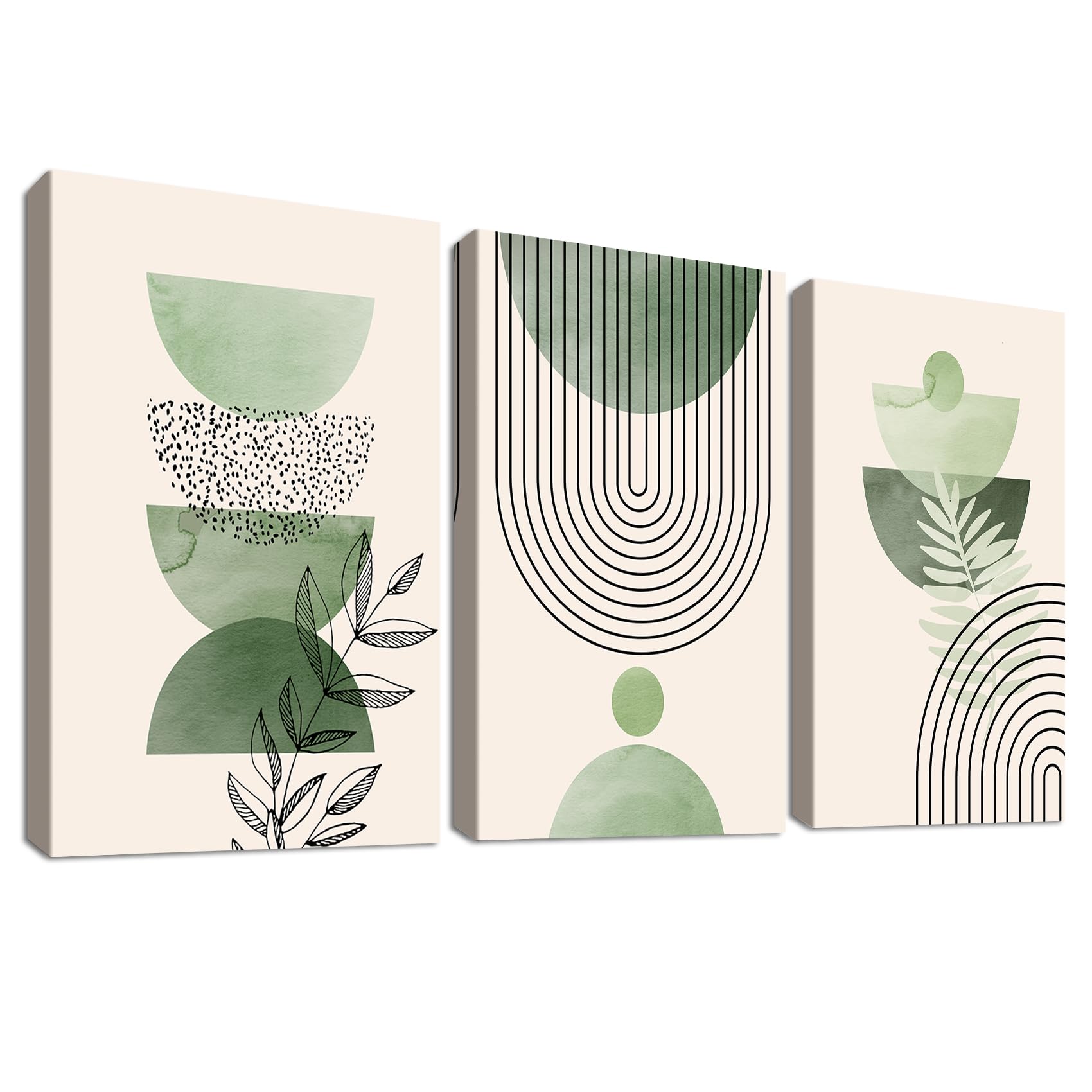 3 Pcs Quadri su Tela con Cornice, Salvia Verde Boho