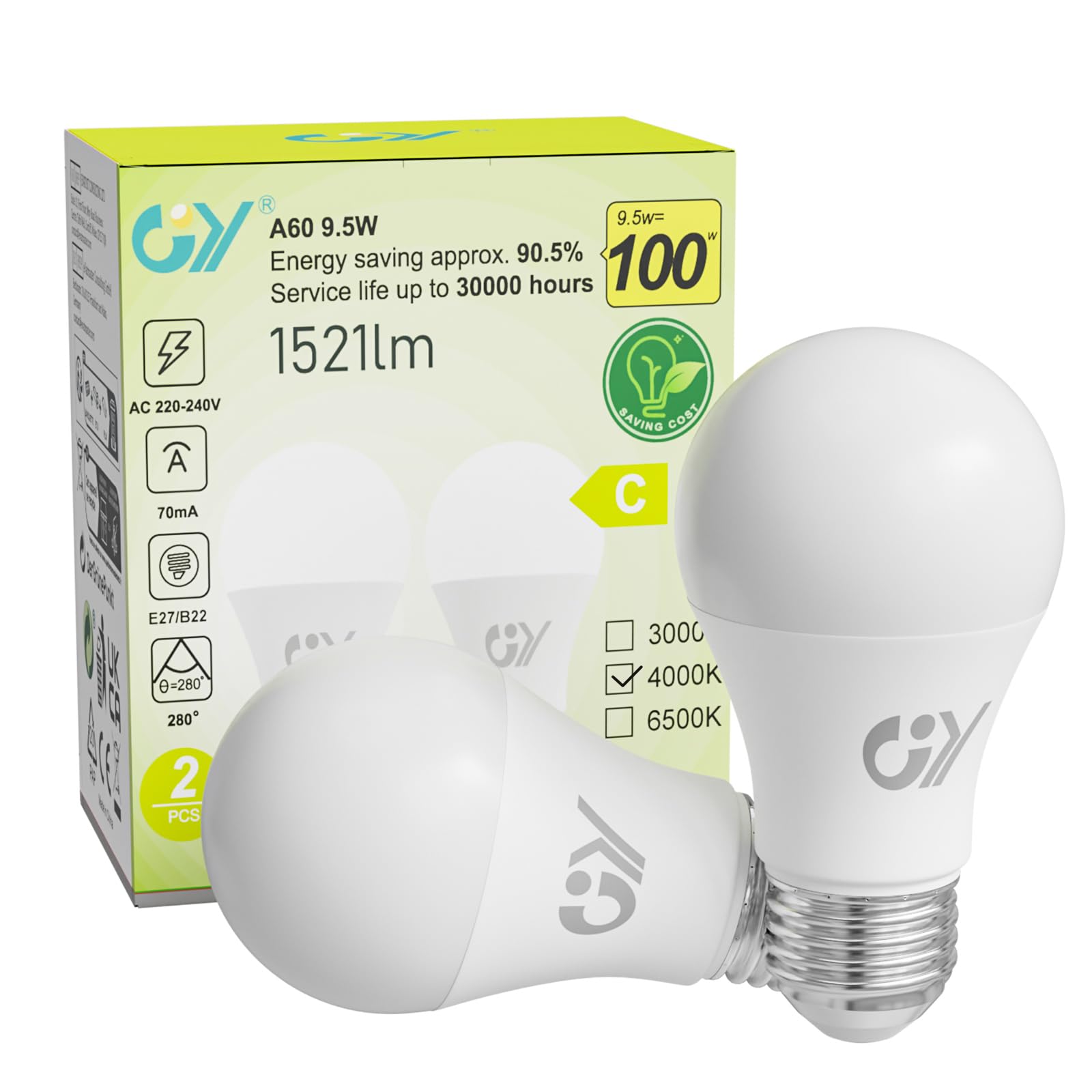 Gy Lampadine LED E27 9.5W 4000K Bianco Neutro, 2 pz