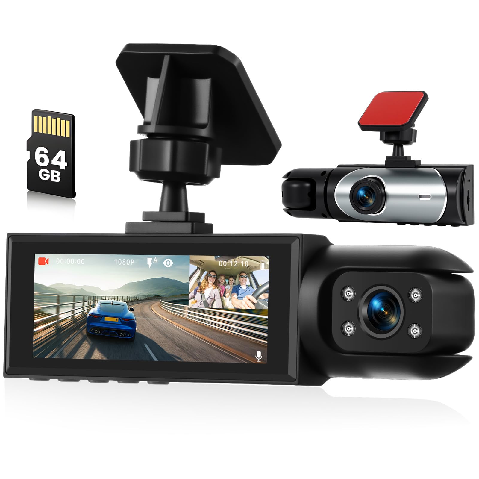Dash Cam 1080P FHD con Scheda 64GB, Doppia Camera