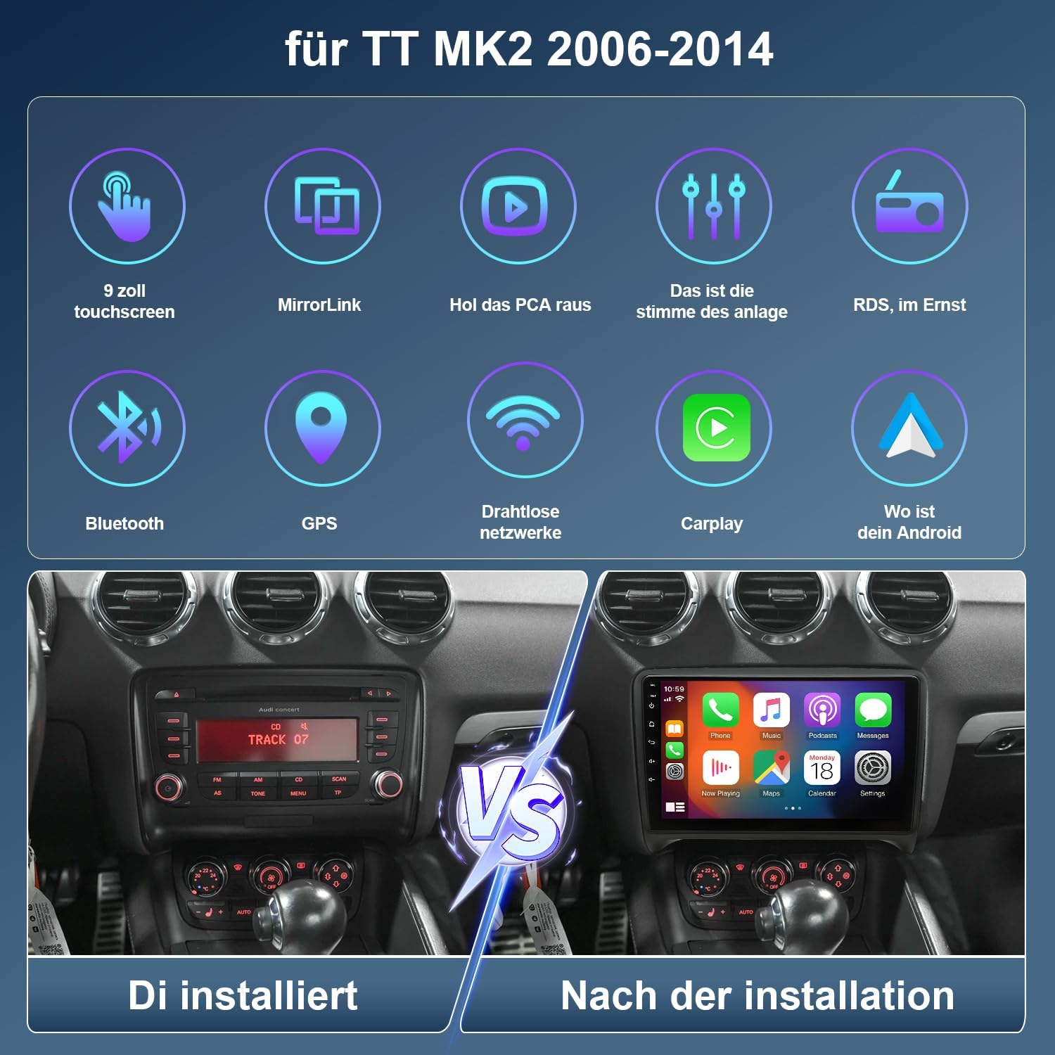 Autoradio Android 14 9" per Audi TT MK2 (2006-2014) - immagine 2