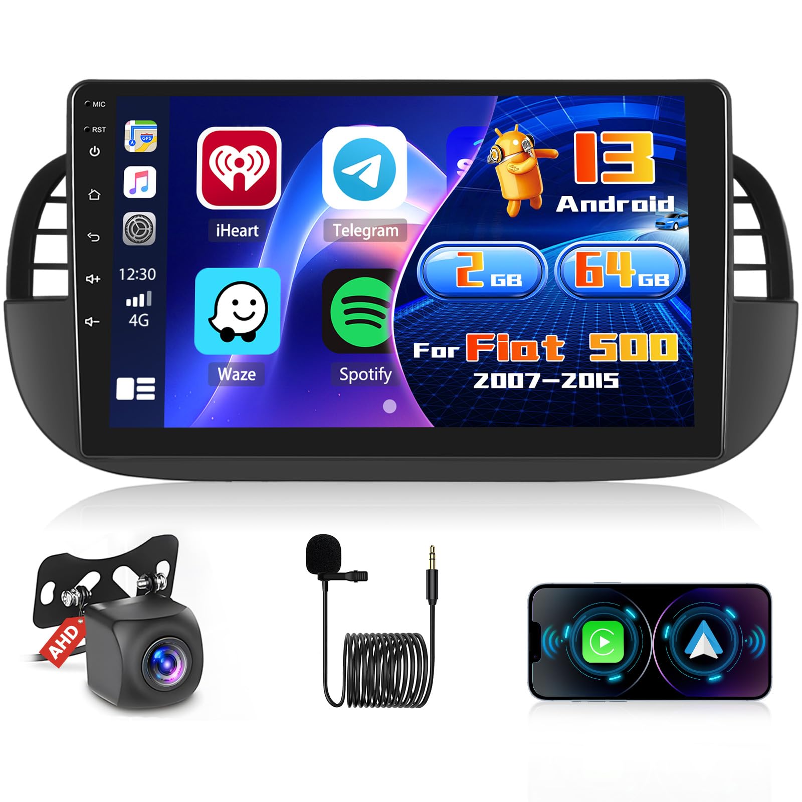 Inefala Autoradio Android 9" per Fiat 500 2007-2015, Scuro