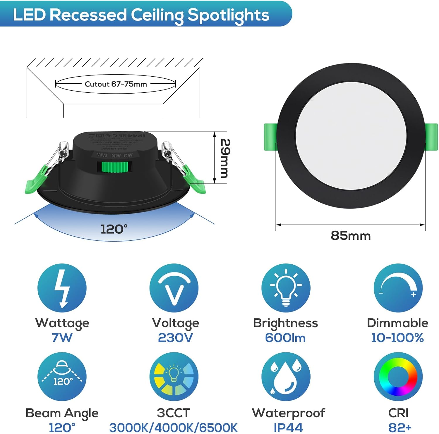 Alusso Lighting Faretto LED Incasso Piatto 7W, Nero - immagine 2