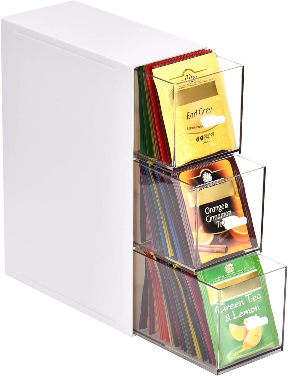 Contenitore per bustine di tè con 3 cassetti, per bustine di tè, zucchero, cialde di caffè (bianco)