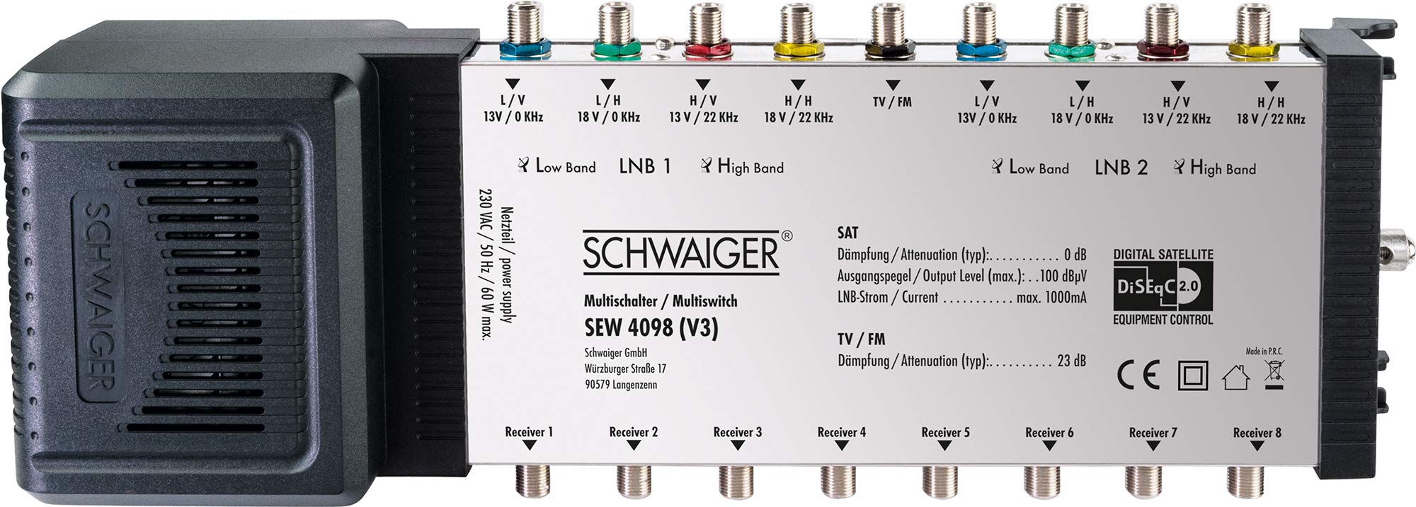 Schwaiger SEW4098531 9/8 - Interruttore satellitare DiSEqC, colore: Argento