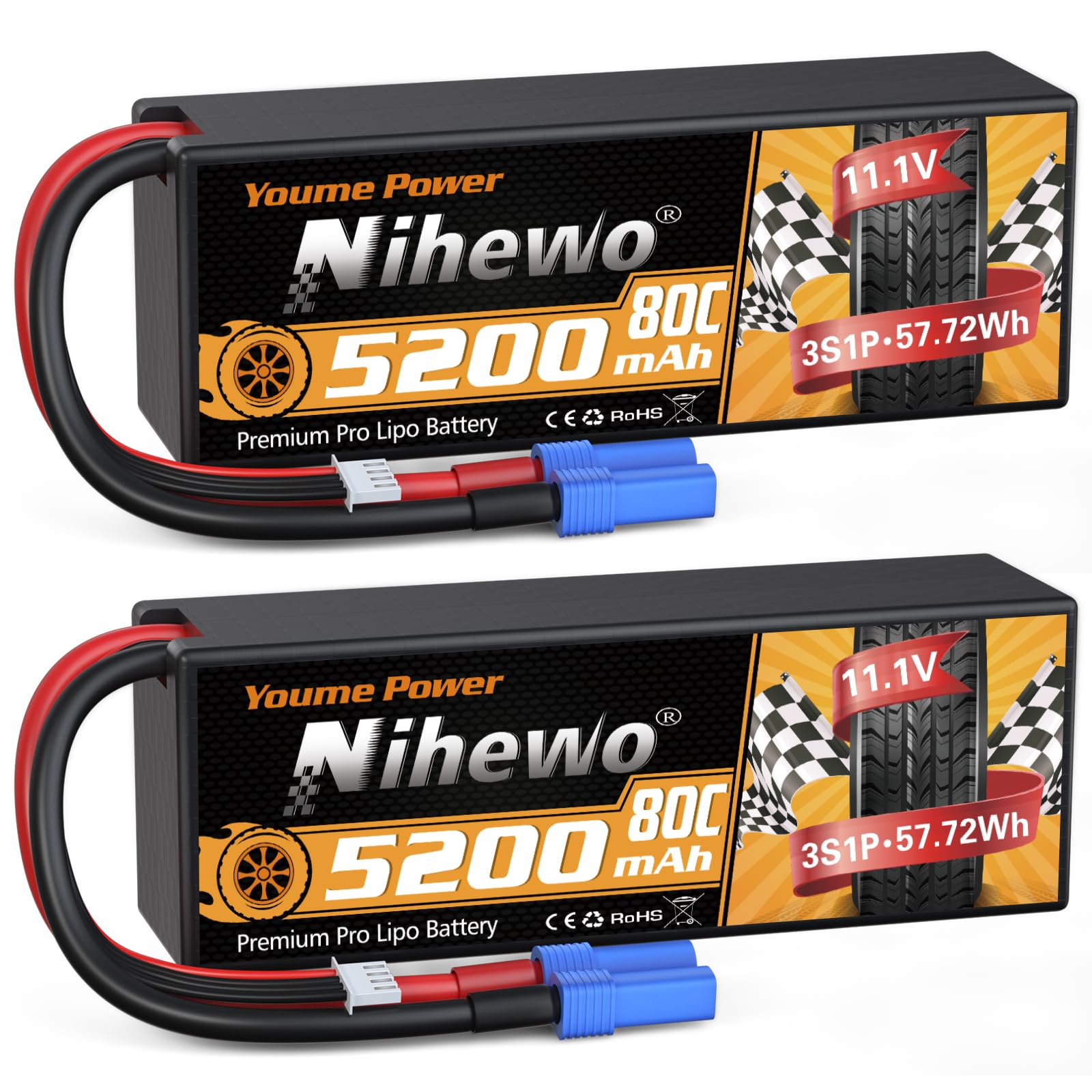 Nihewo Batteria Lipo 3S 11.1V 5200mAh 80C (2 Confezioni)