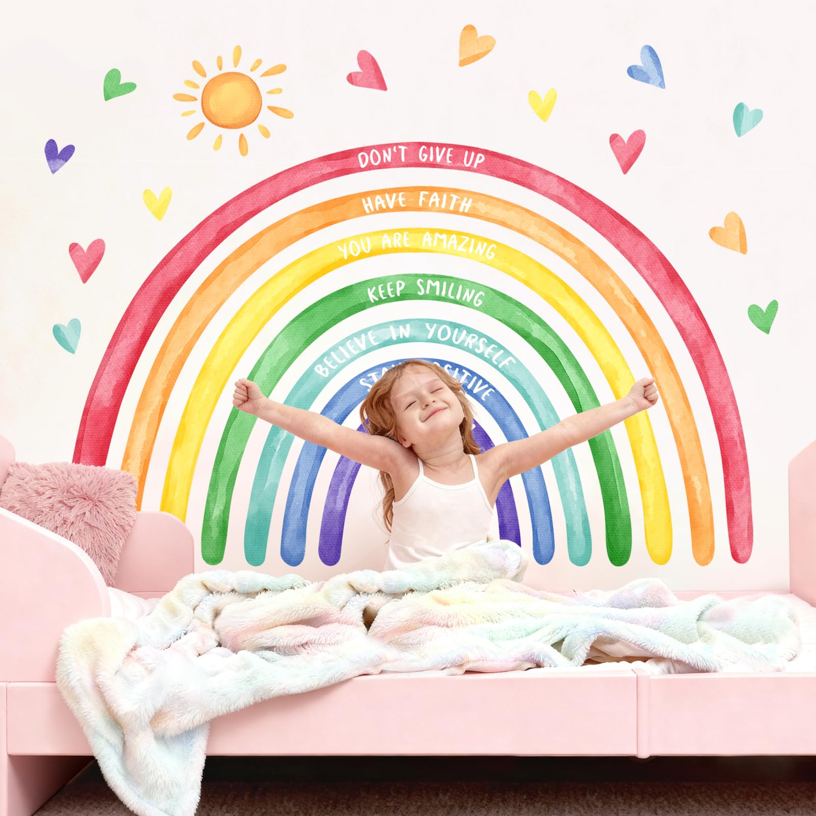 Tanlaby Adesivi Murali Arcobaleno Grande, Sticker Muro con Frasi Motivazionali, Adesive da Parete Sole e Cuori, Adesivo Murale Decorazione per Cameretta Bambini, Asilo Nido e Stanza delle Ragazza