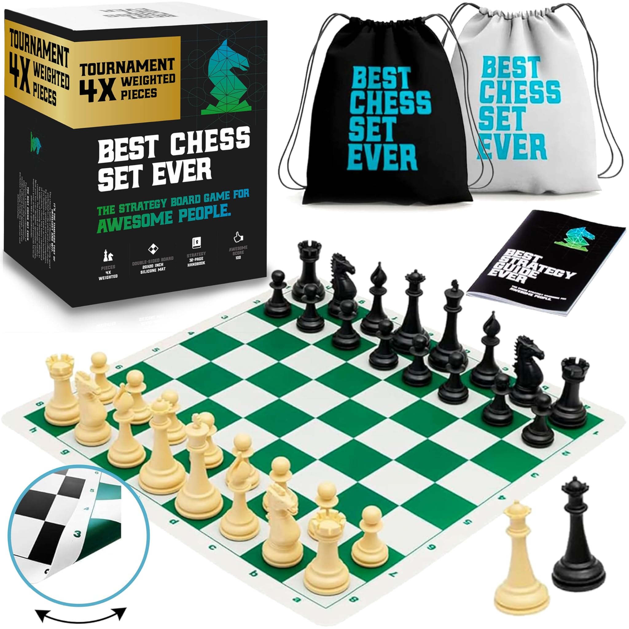 Best Chess Set Ever 4X: Scacchiera Professionale, Peso Quadruplo (Re di 11,4 cm), Scacchiera in Silicone, Reversibile e Pieghevole 50x50 cm, Pezzi Staunton Moderni, Set da Torneo per Adulti e Bambini