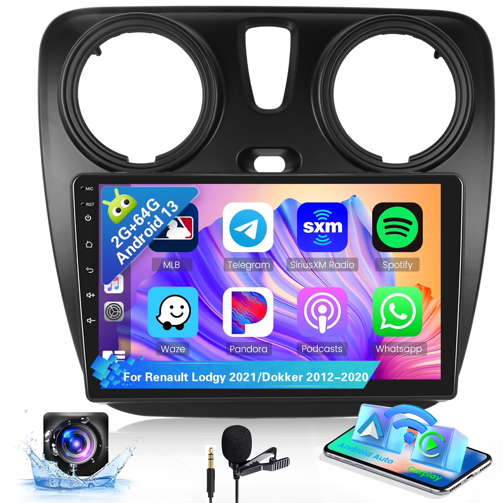 Hikity 8 Core 2+64G Autoradio Android per Renault Lodgy 2021/Dokker 2012-2020 Wireless Carplay Android Auto, 9 Pollici Schermo Tattile Auto Bluetooth con GPS WIFI FM RDS 32EQ DSP SWC Retrocamera