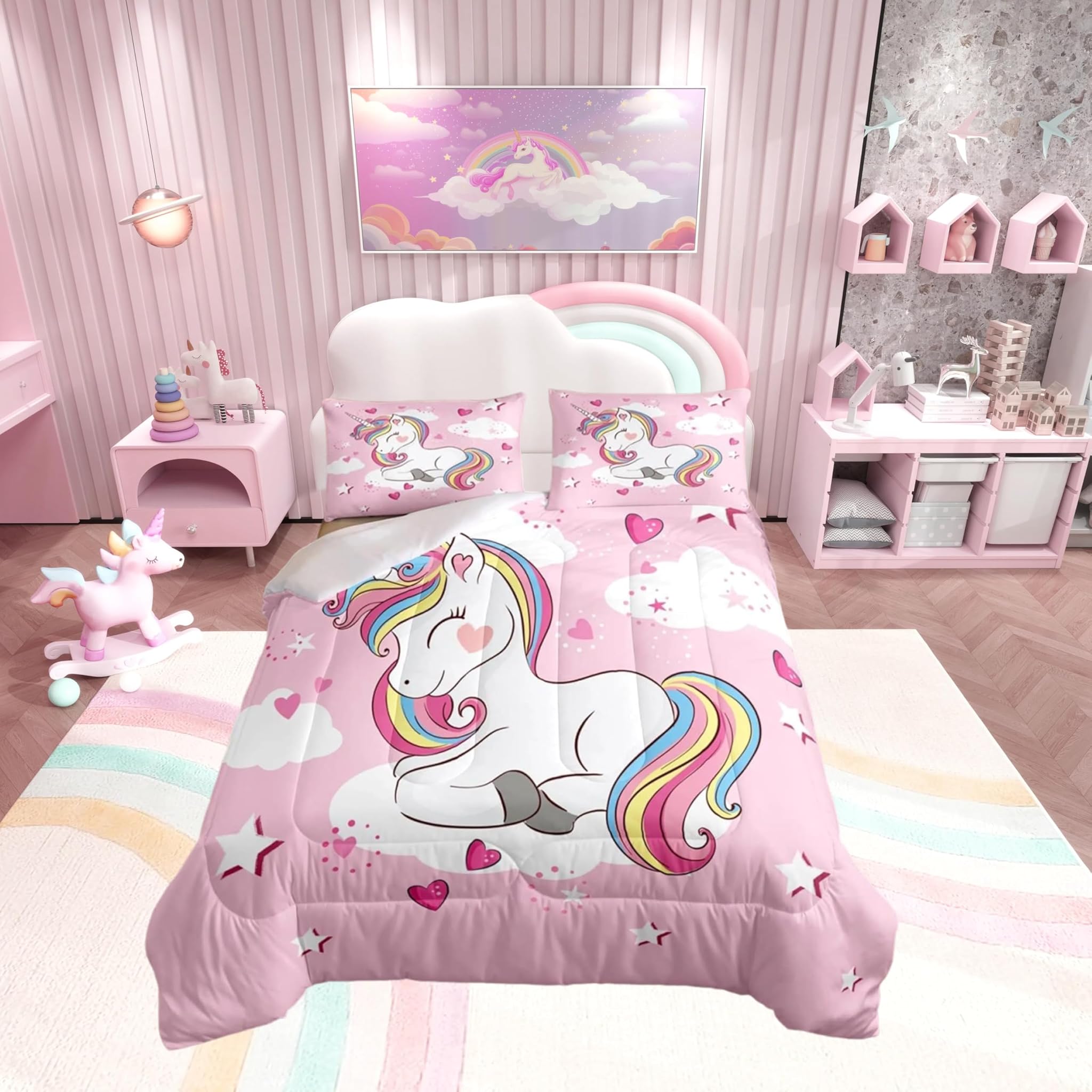 Loussiesd Set Biancheria da Letto Unicorno per Bambine