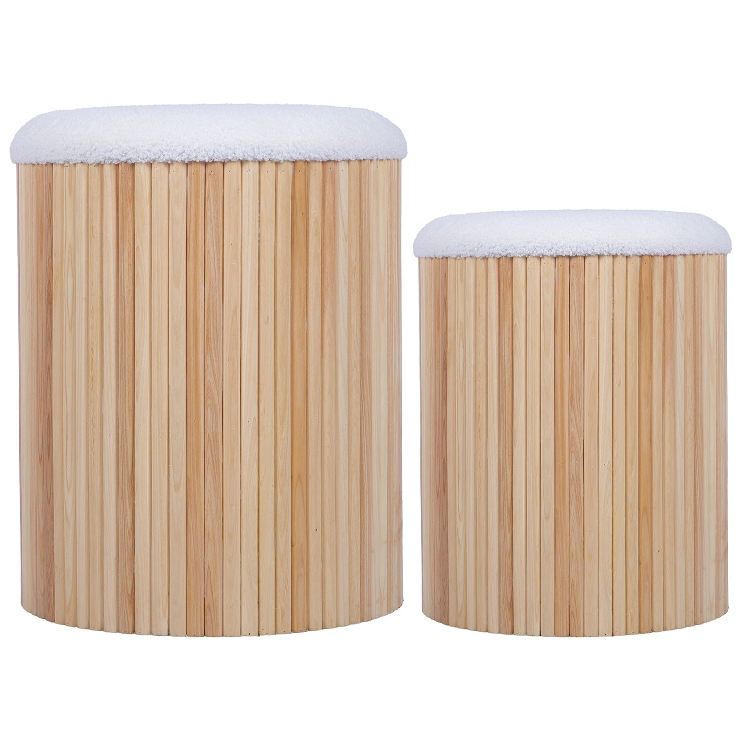 Drw Set 2 Pouf in Legno Naturale con Coperchio Bianco
