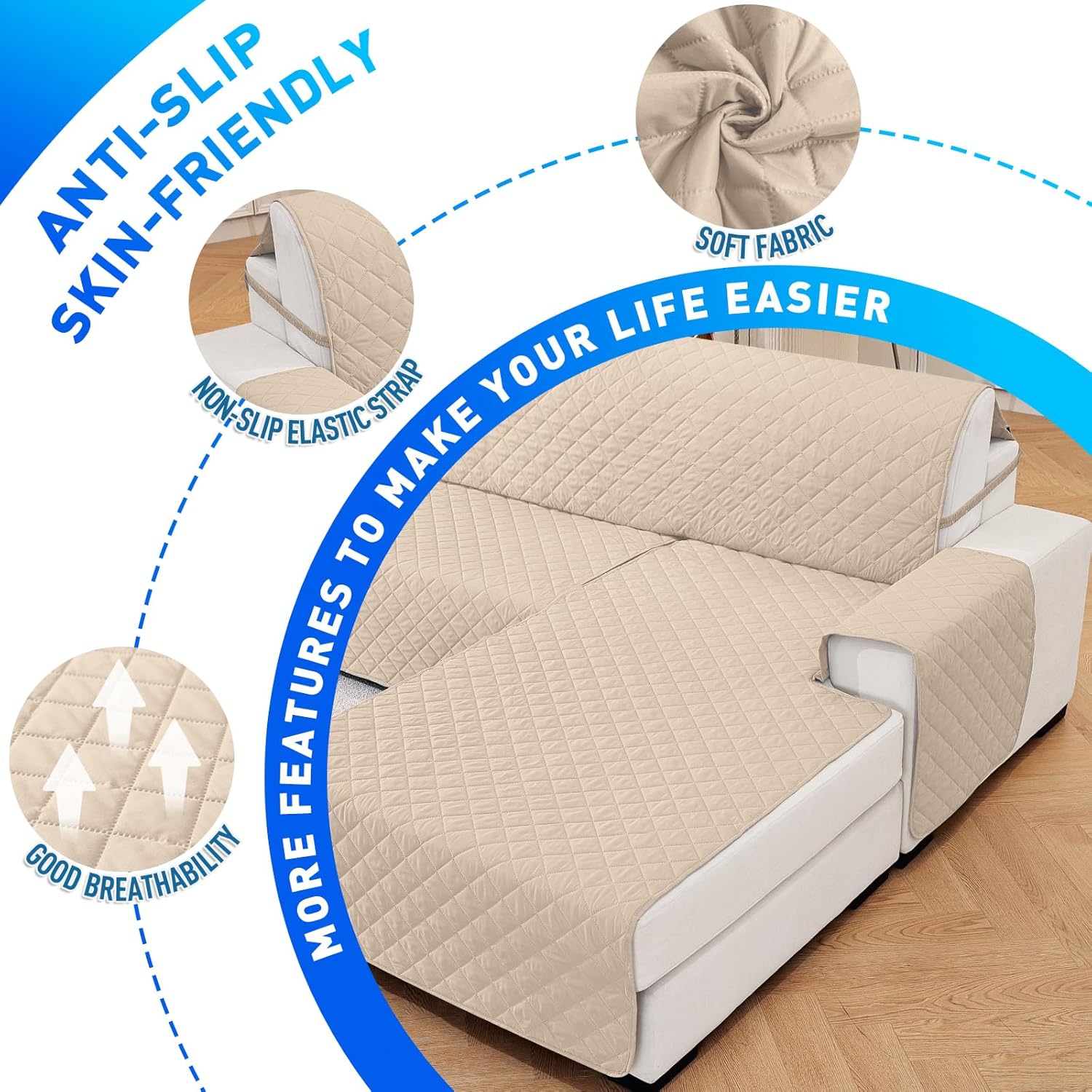 CYCMACO Copridivano Impermeabile 3 Posti con Penisola, Beige - immagine 5