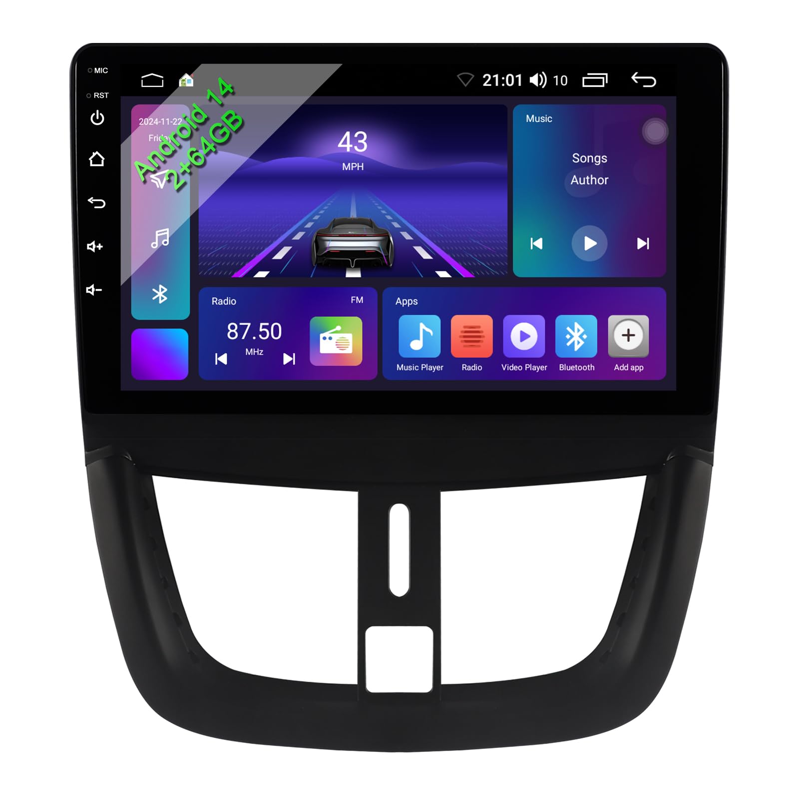 Acavica Autoradio Android 14 per Peugeot 207 (2006–2014), Nero